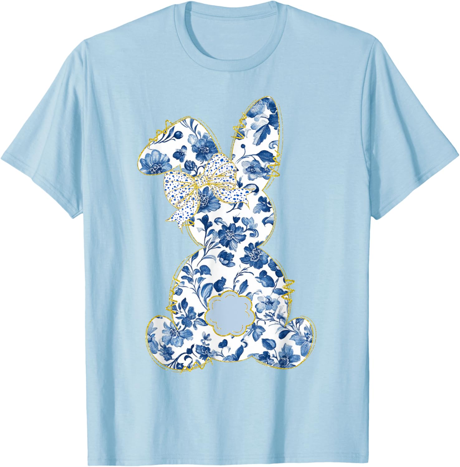 Cute Easter Toile Chinoiserie Blue Floral Bunny Coquette Bow T-Shirt