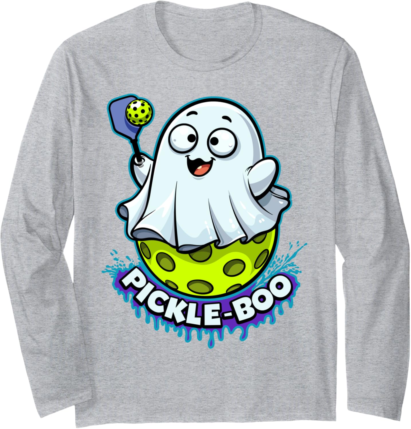 Cute Funny Ghost Playing Pickleball for Halloween Costume Long Sleeve T-Shirt