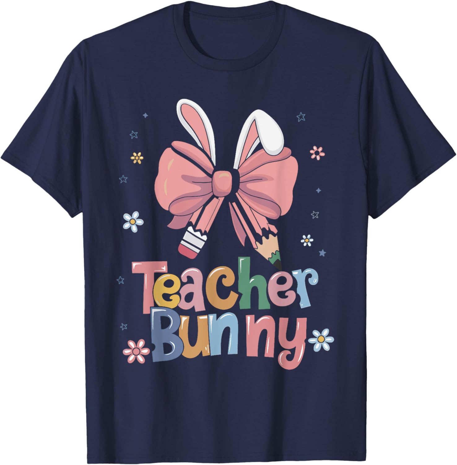 Cute Retro Teacher Bunny Coquette Bow Pencil Easter Outfit T-Shirt