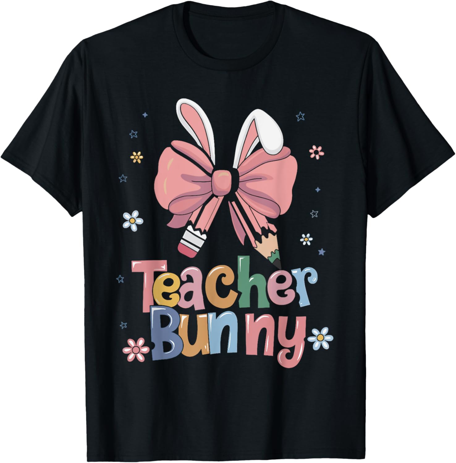 Cute Retro Teacher Bunny Coquette Bow Pencil Easter Outfit T-Shirt