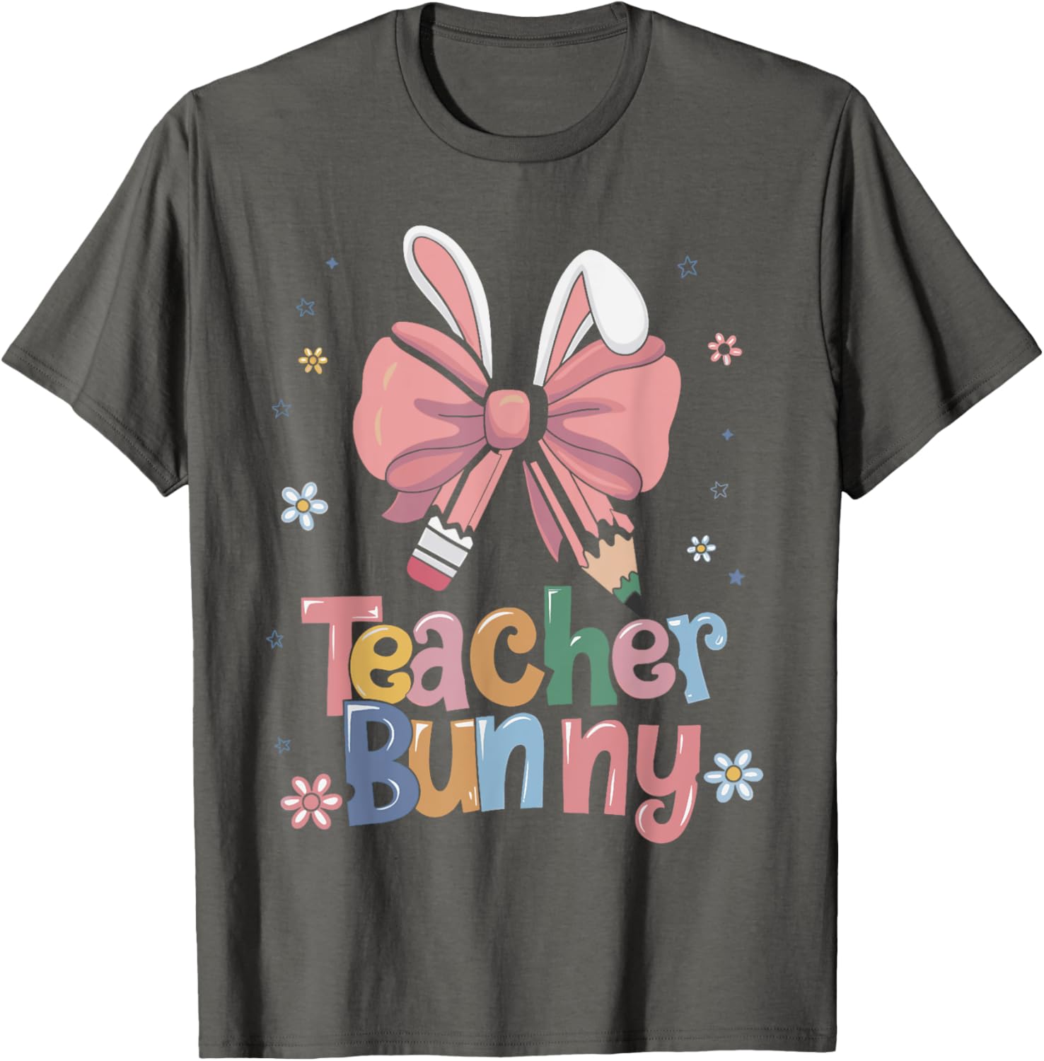 Cute Retro Teacher Bunny Coquette Bow Pencil Easter Outfit T-Shirt