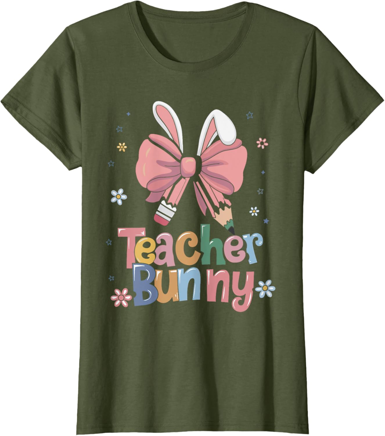 Cute Retro Teacher Bunny Coquette Bow Pencil Easter Outfit T-Shirt