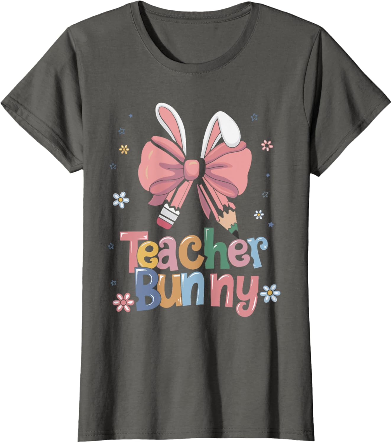 Cute Retro Teacher Bunny Coquette Bow Pencil Easter Outfit T-Shirt