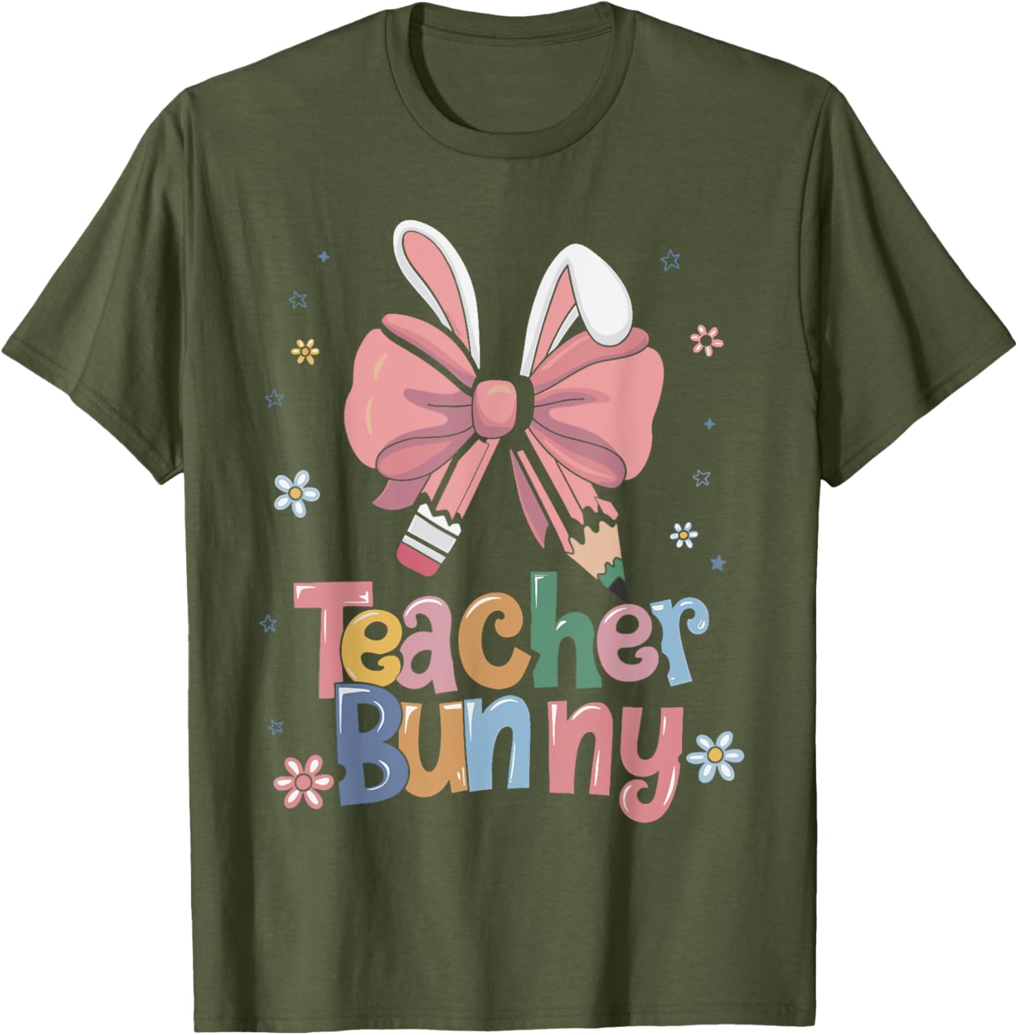 Cute Retro Teacher Bunny Coquette Bow Pencil Easter Outfit T-Shirt