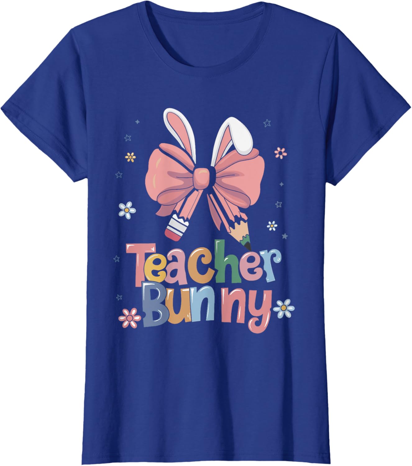 Cute Retro Teacher Bunny Coquette Bow Pencil Easter Outfit T-Shirt