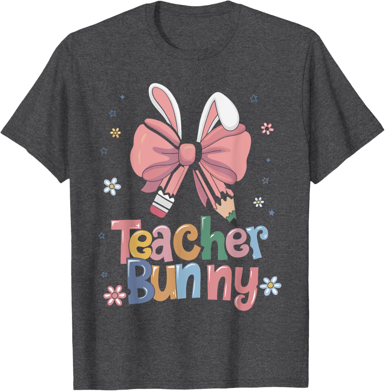 Cute Retro Teacher Bunny Coquette Bow Pencil Easter Outfit T-Shirt