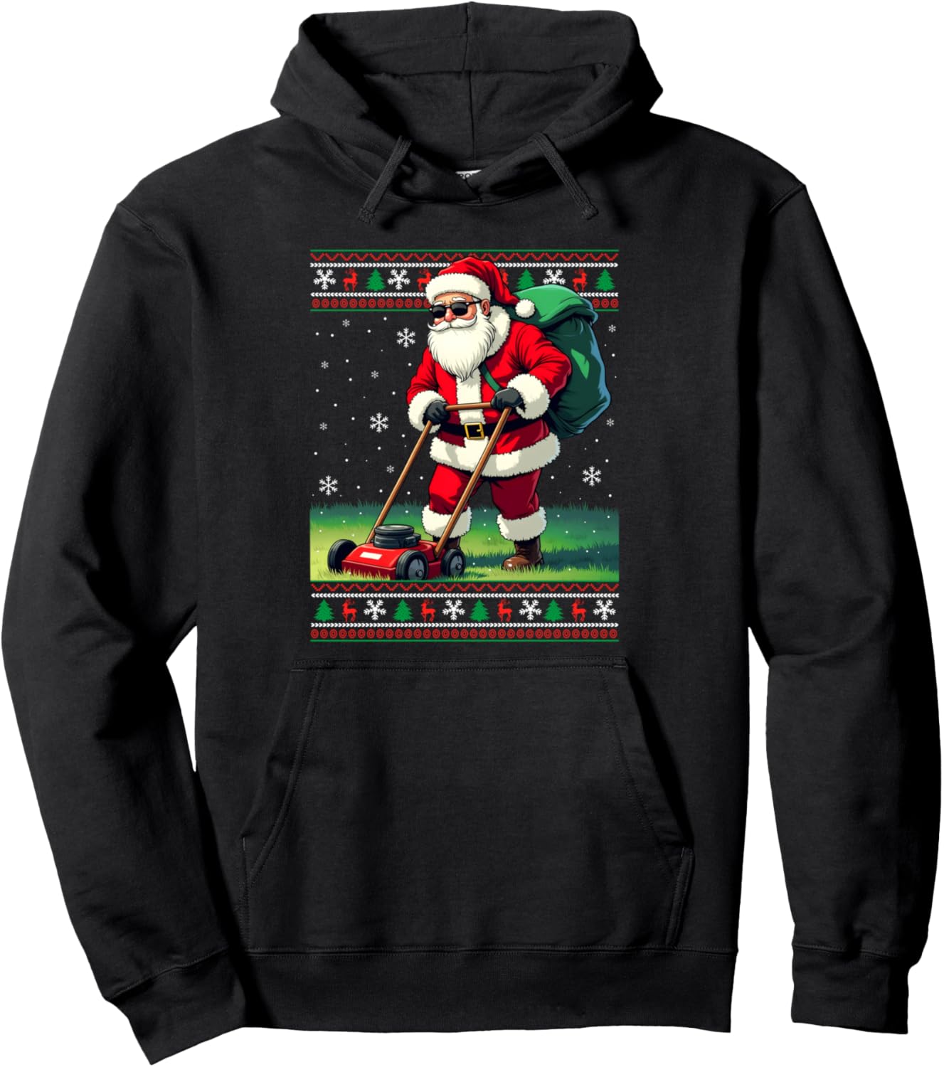Cute Santa Claus Mowing Lawn Ugly Christmas Holiday Boys Men Pullover Hoodie