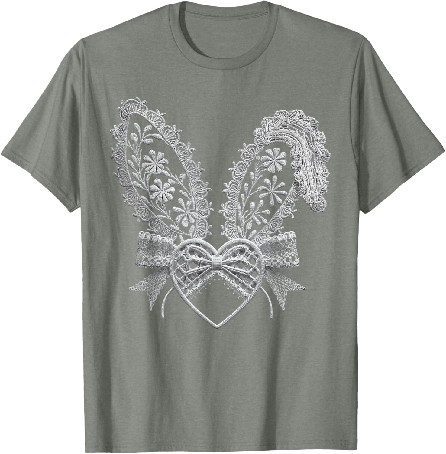 Cute White Lace Easter Bunny Heart Ears Coquette Bow Girls T-Shirt