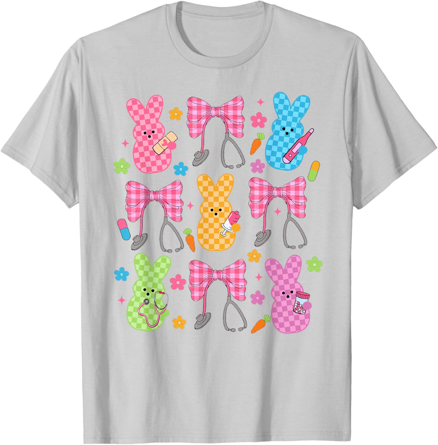 Easter Checkered Bunny Nurse Coquette Bow Nurse Girl Women T-Shirt