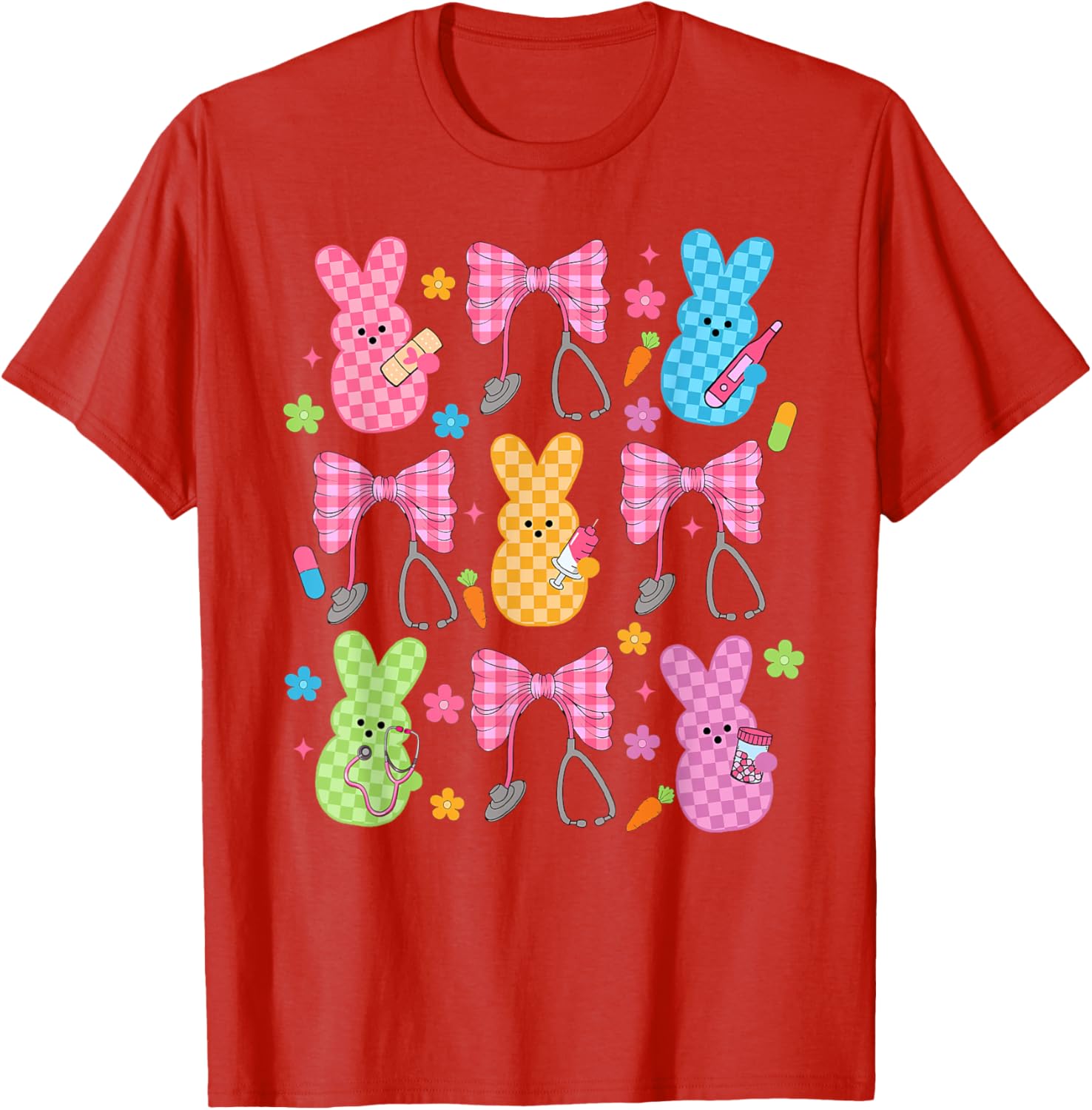 Easter Checkered Bunny Nurse Coquette Bow Nurse Girl Women T-Shirt