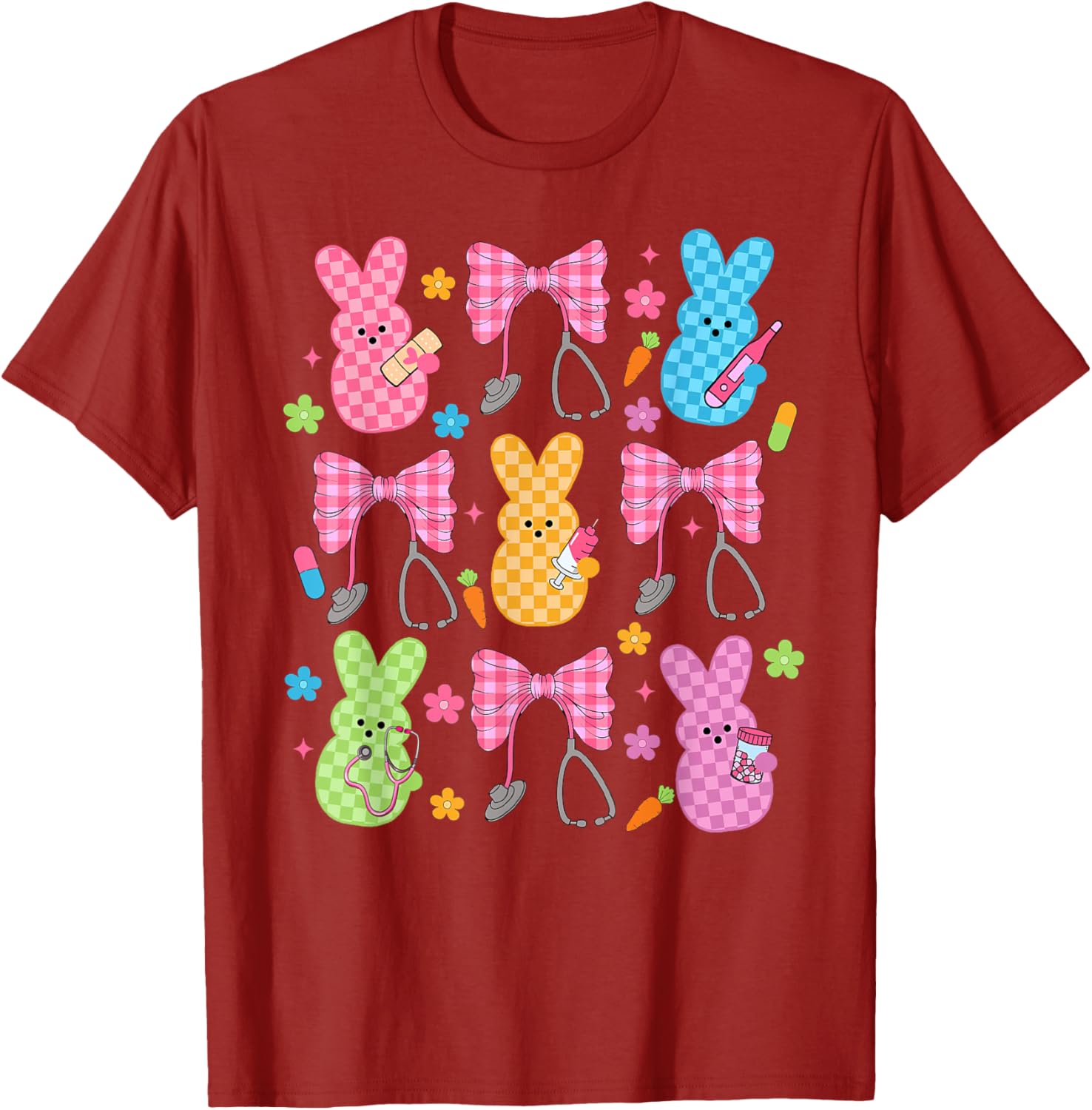 Easter Checkered Bunny Nurse Coquette Bow Nurse Girl Women T-Shirt