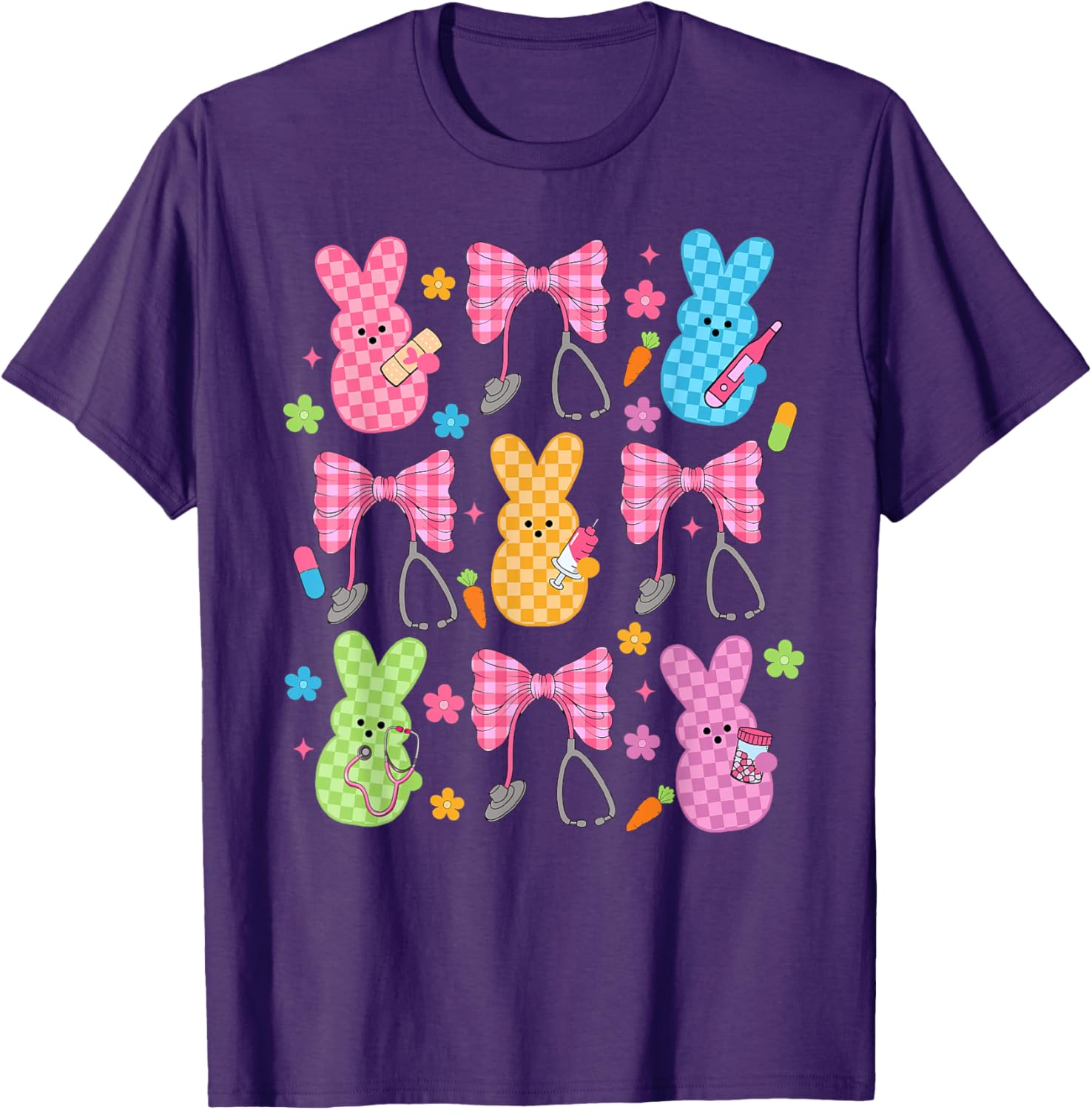 Easter Checkered Bunny Nurse Coquette Bow Nurse Girl Women T-Shirt