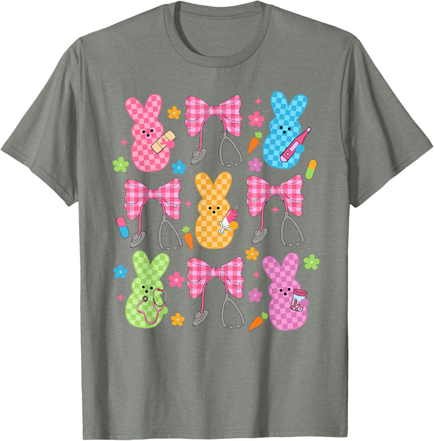 Easter Checkered Bunny Nurse Coquette Bow Nurse Girl Women T-Shirt