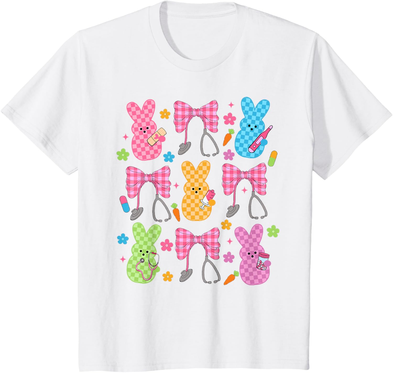 Easter Checkered Bunny Nurse Coquette Bow Nurse Girl Women T-Shirt