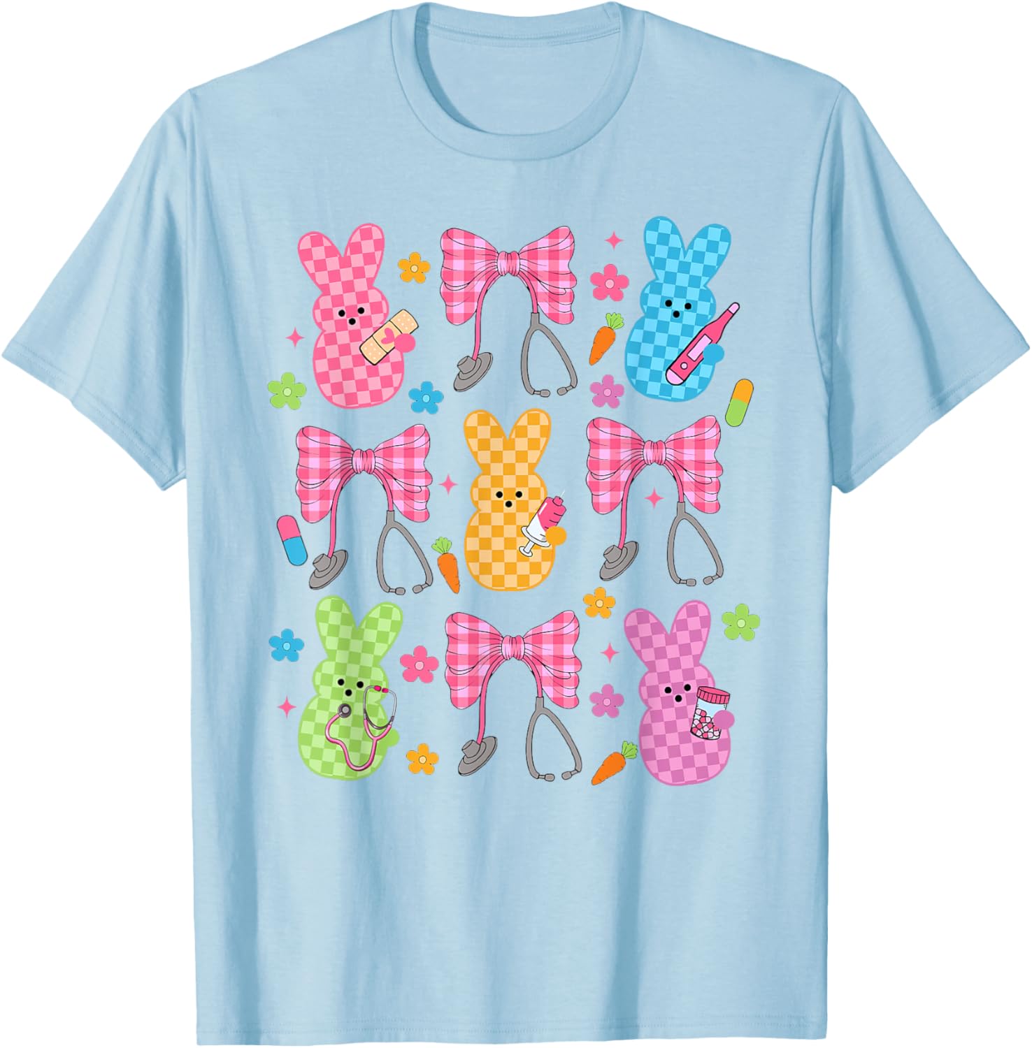 Easter Checkered Bunny Nurse Coquette Bow Nurse Girl Women T-Shirt