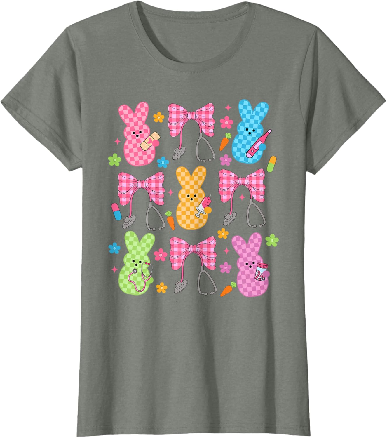 Easter Checkered Bunny Nurse Coquette Bow Nurse Girl Women T-Shirt