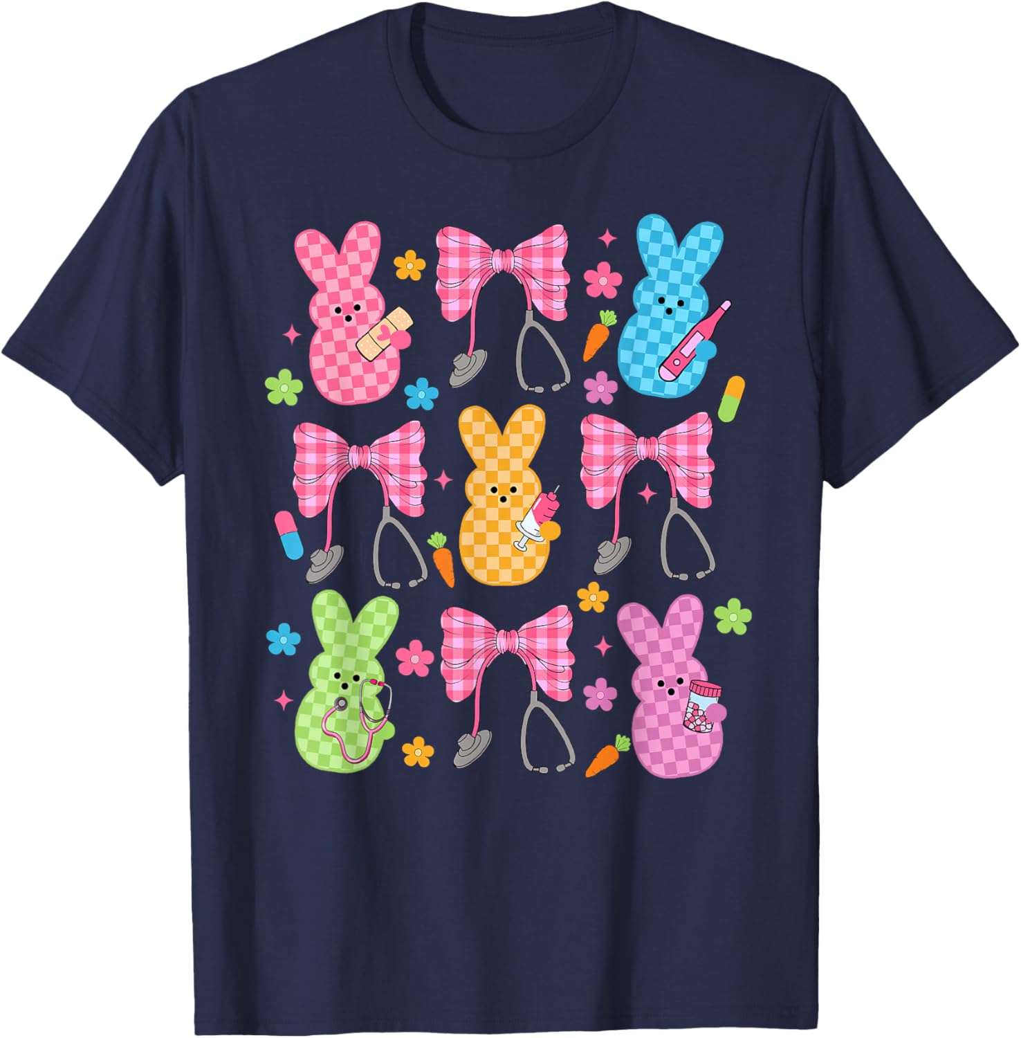 Easter Checkered Bunny Nurse Coquette Bow Nurse Girl Women T-Shirt