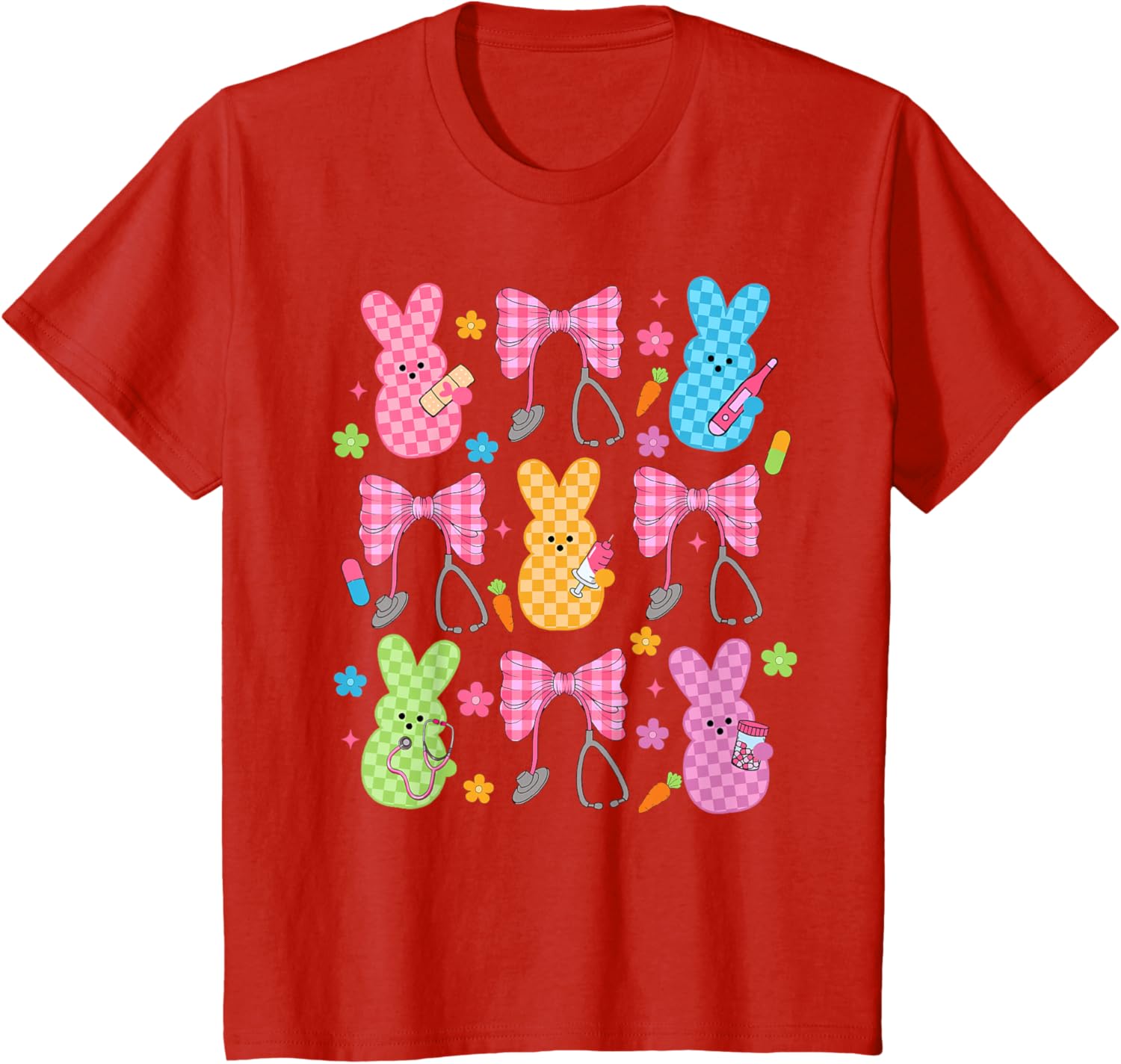 Easter Checkered Bunny Nurse Coquette Bow Nurse Girl Women T-Shirt