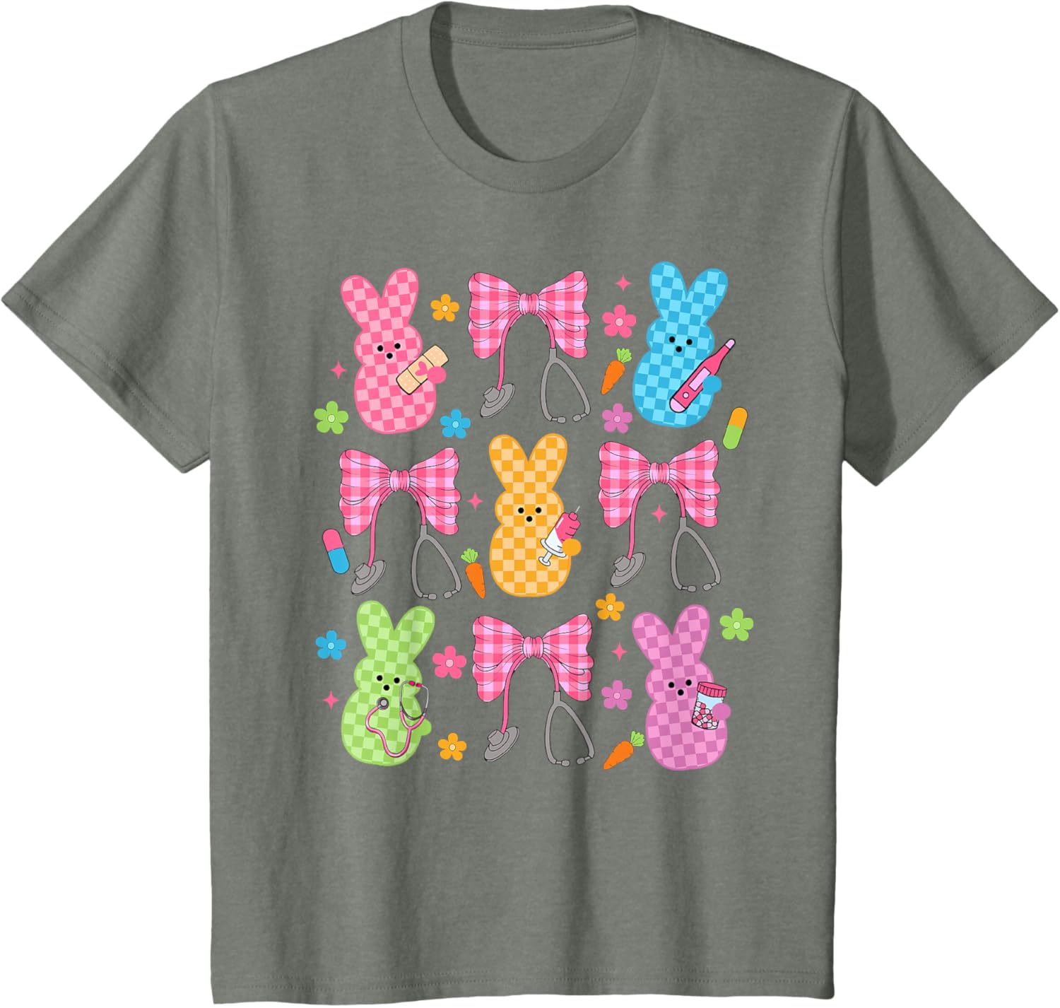 Easter Checkered Bunny Nurse Coquette Bow Nurse Girl Women T-Shirt