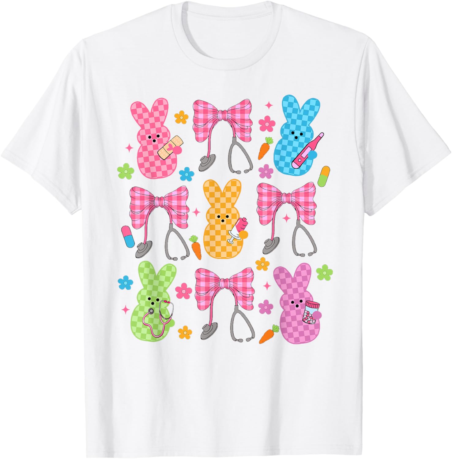 Easter Checkered Bunny Nurse Coquette Bow Nurse Girl Women T-Shirt