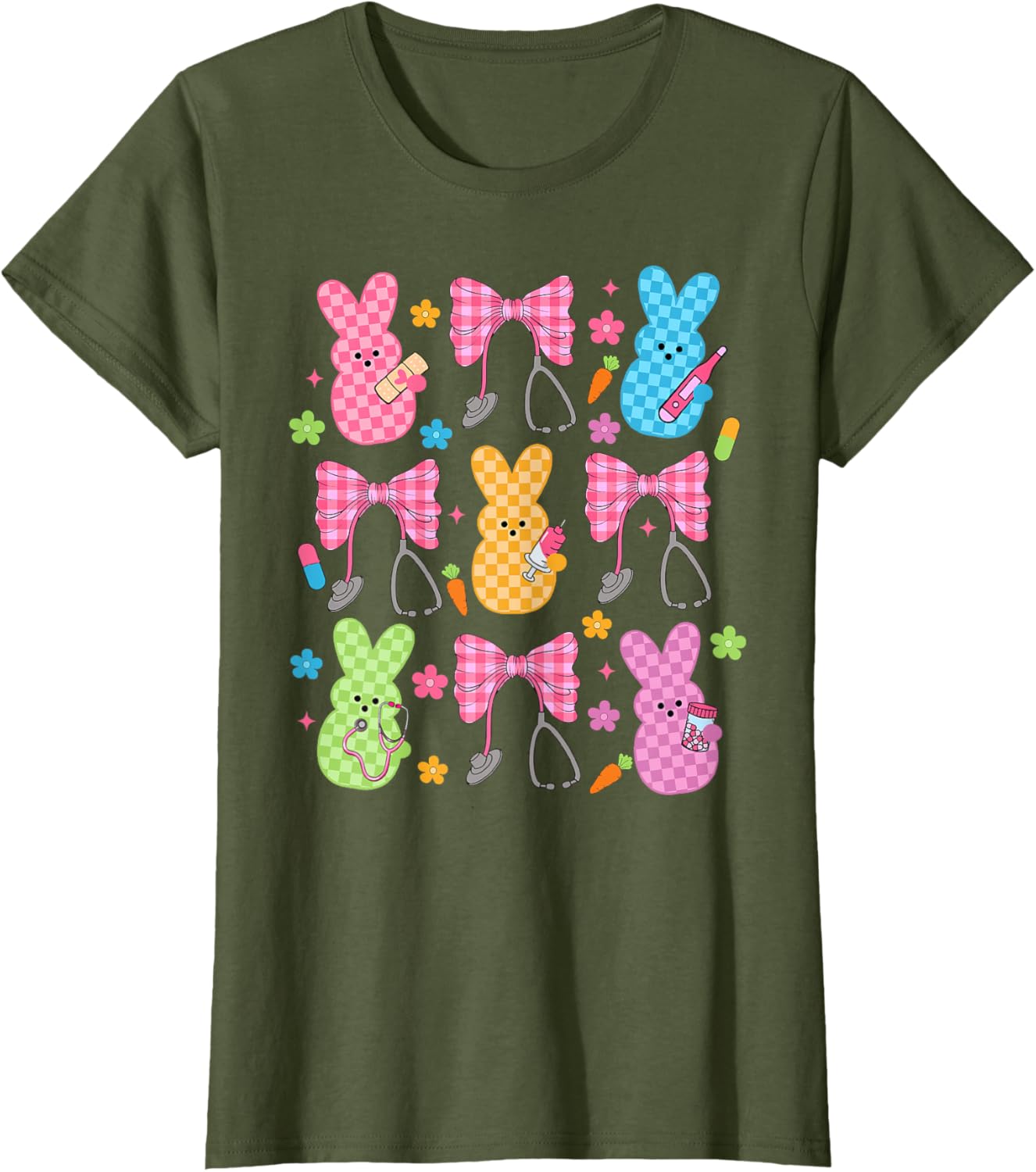 Easter Checkered Bunny Nurse Coquette Bow Nurse Girl Women T-Shirt