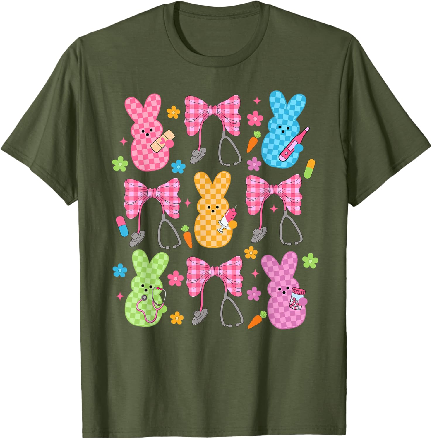 Easter Checkered Bunny Nurse Coquette Bow Nurse Girl Women T-Shirt