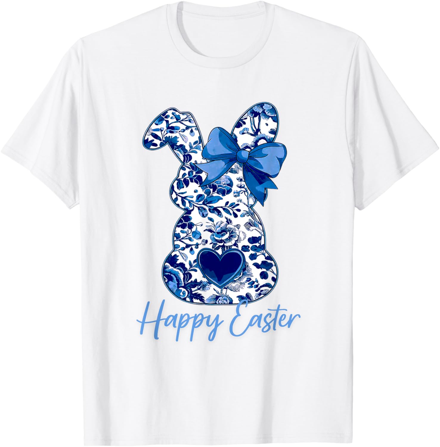 Easter Chinoiserie Floral Bunny With Cute Blue Bow Coquette T-Shirt