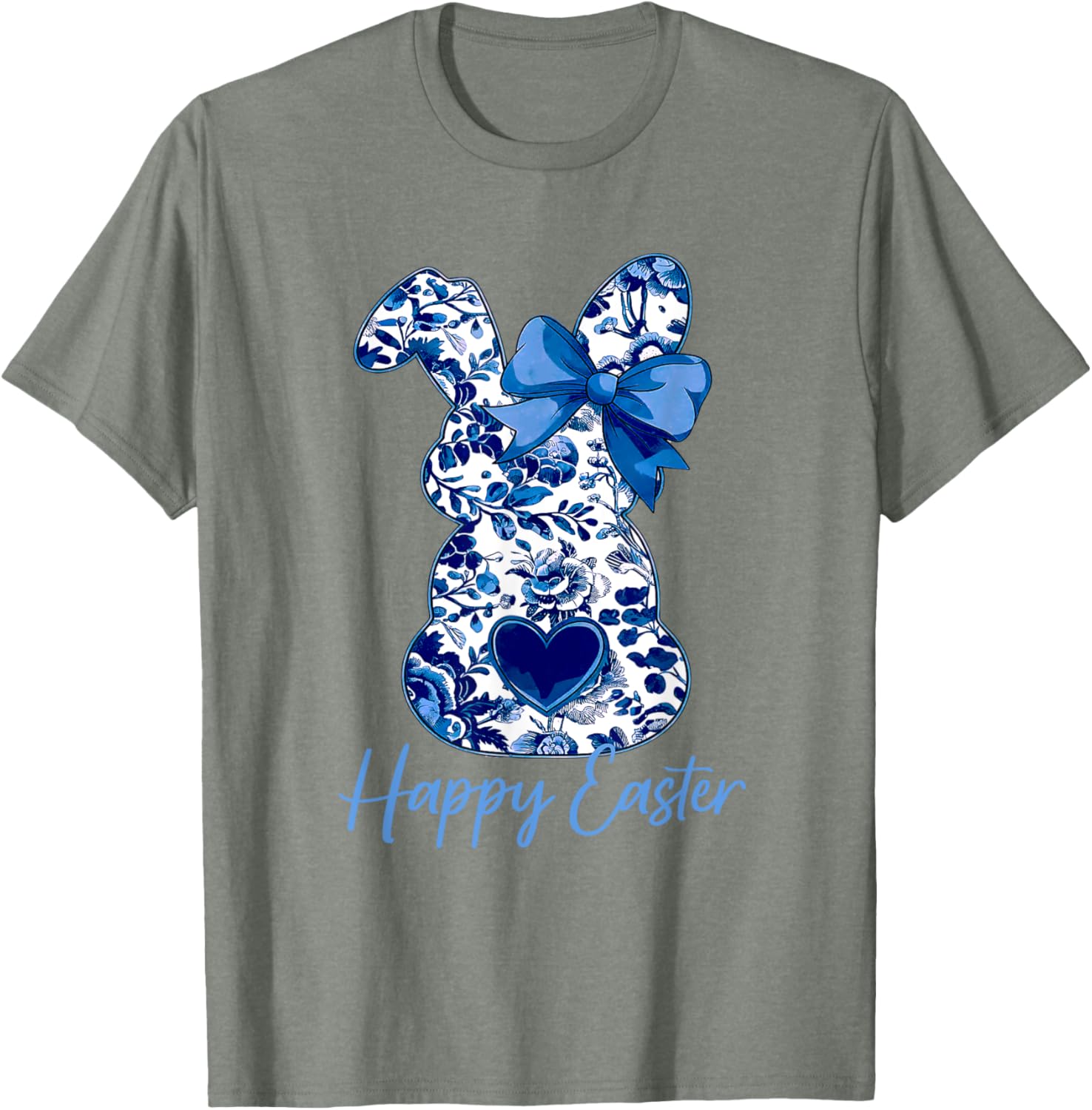 Easter Chinoiserie Floral Bunny With Cute Blue Bow Coquette T-Shirt