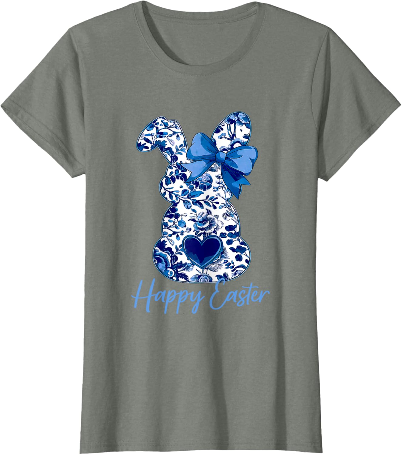 Easter Chinoiserie Floral Bunny With Cute Blue Bow Coquette T-Shirt