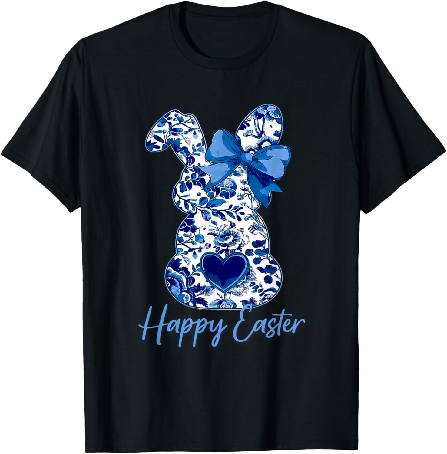 Easter Chinoiserie Floral Bunny With Cute Blue Bow Coquette T-Shirt