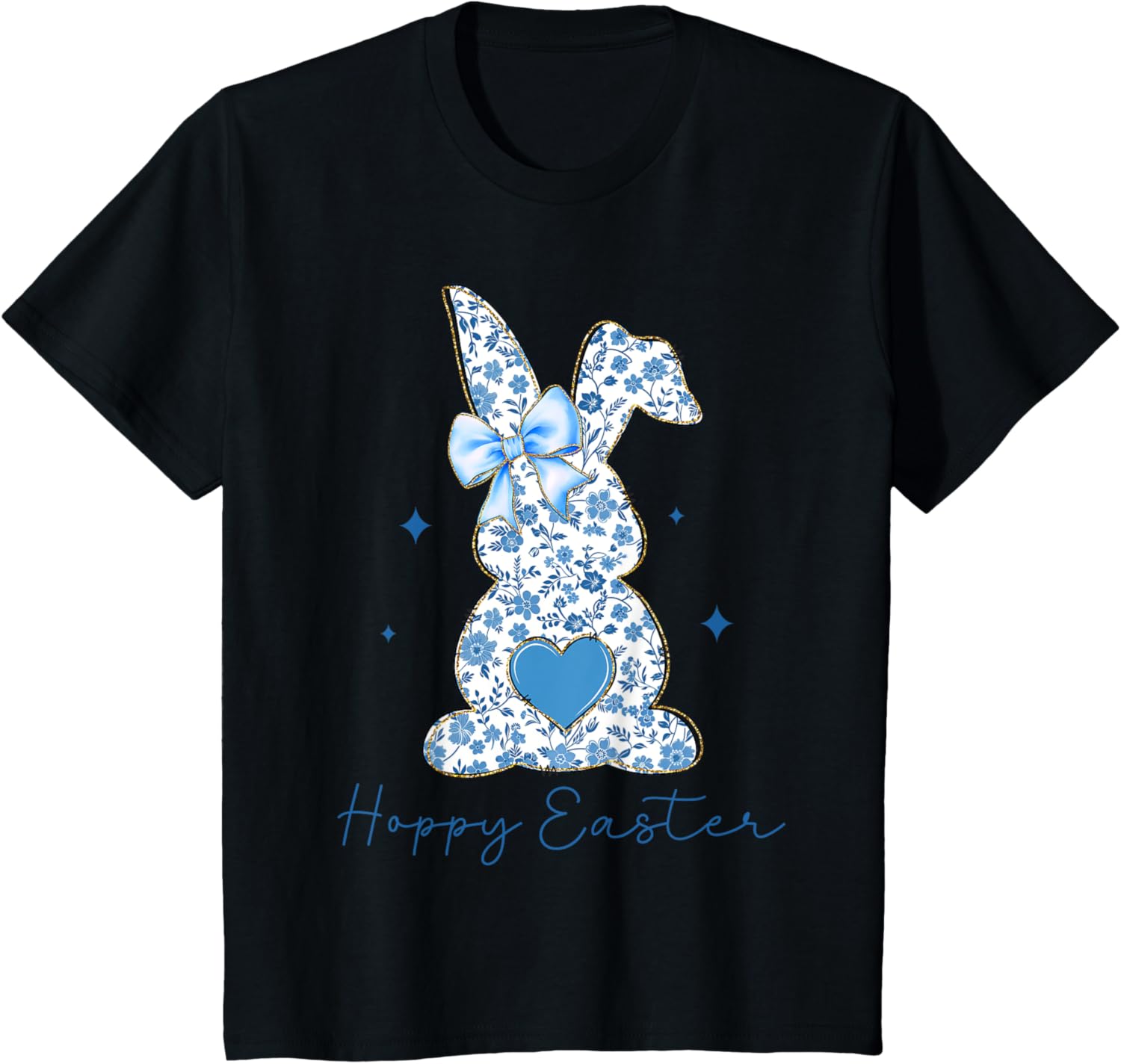 Easter Chinoiserie Floral Bunny With Cute Blue Bow Coquette T-Shirt