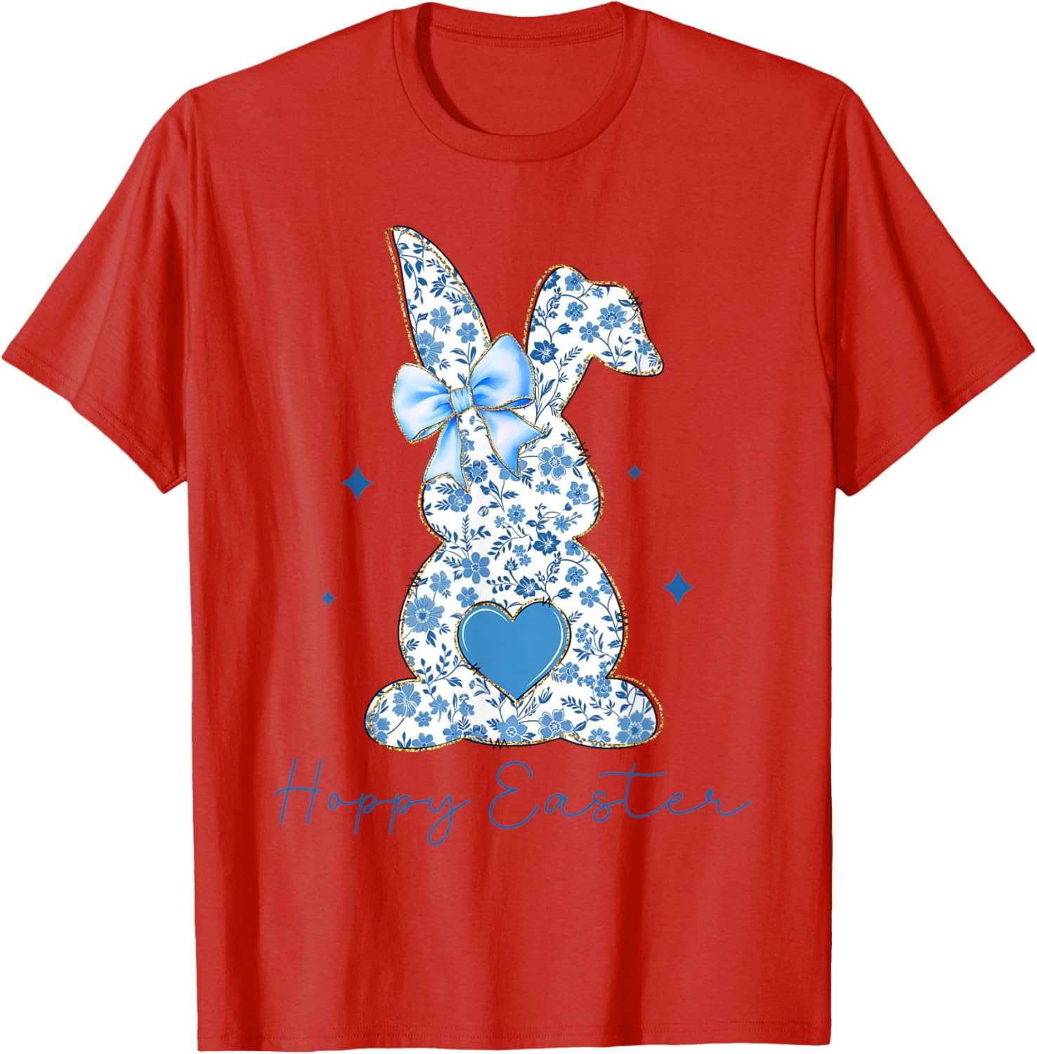 Easter Chinoiserie Floral Bunny With Cute Blue Bow Coquette T-Shirt