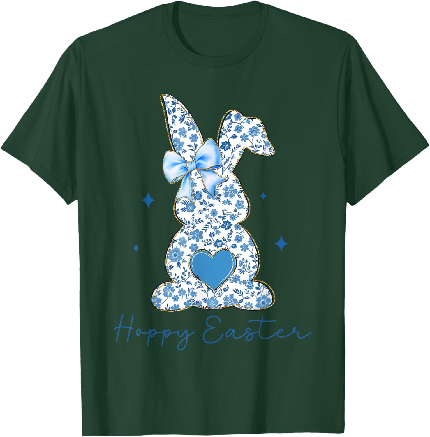 Easter Chinoiserie Floral Bunny With Cute Blue Bow Coquette T-Shirt