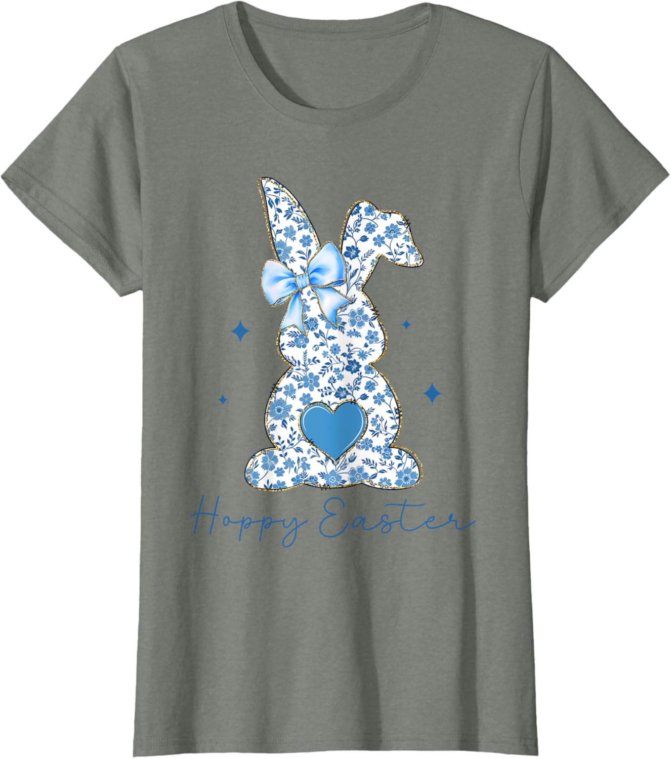 Easter Chinoiserie Floral Bunny With Cute Blue Bow Coquette T-Shirt