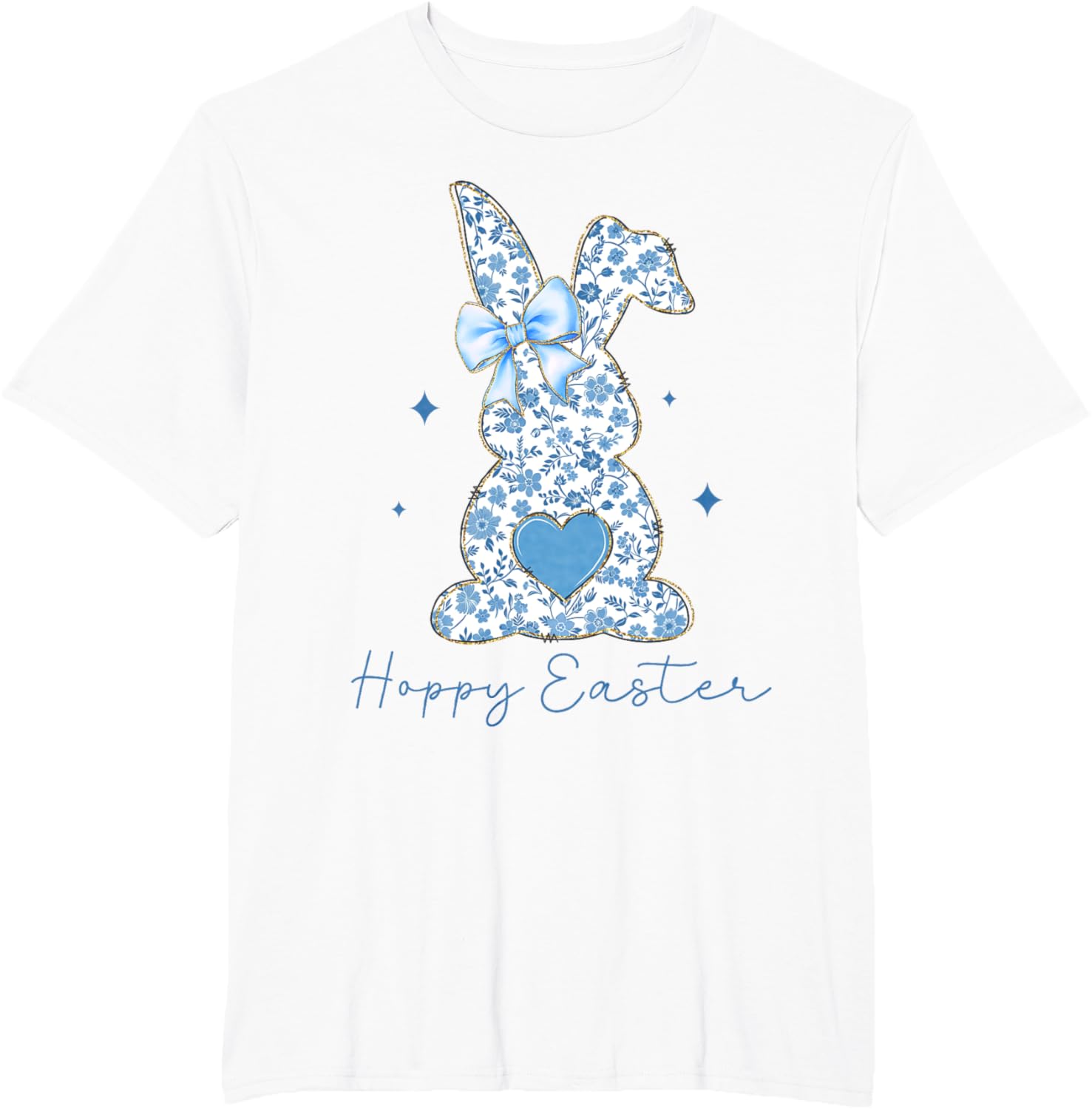 Easter Chinoiserie Floral Bunny With Cute Blue Bow Coquette T-Shirt