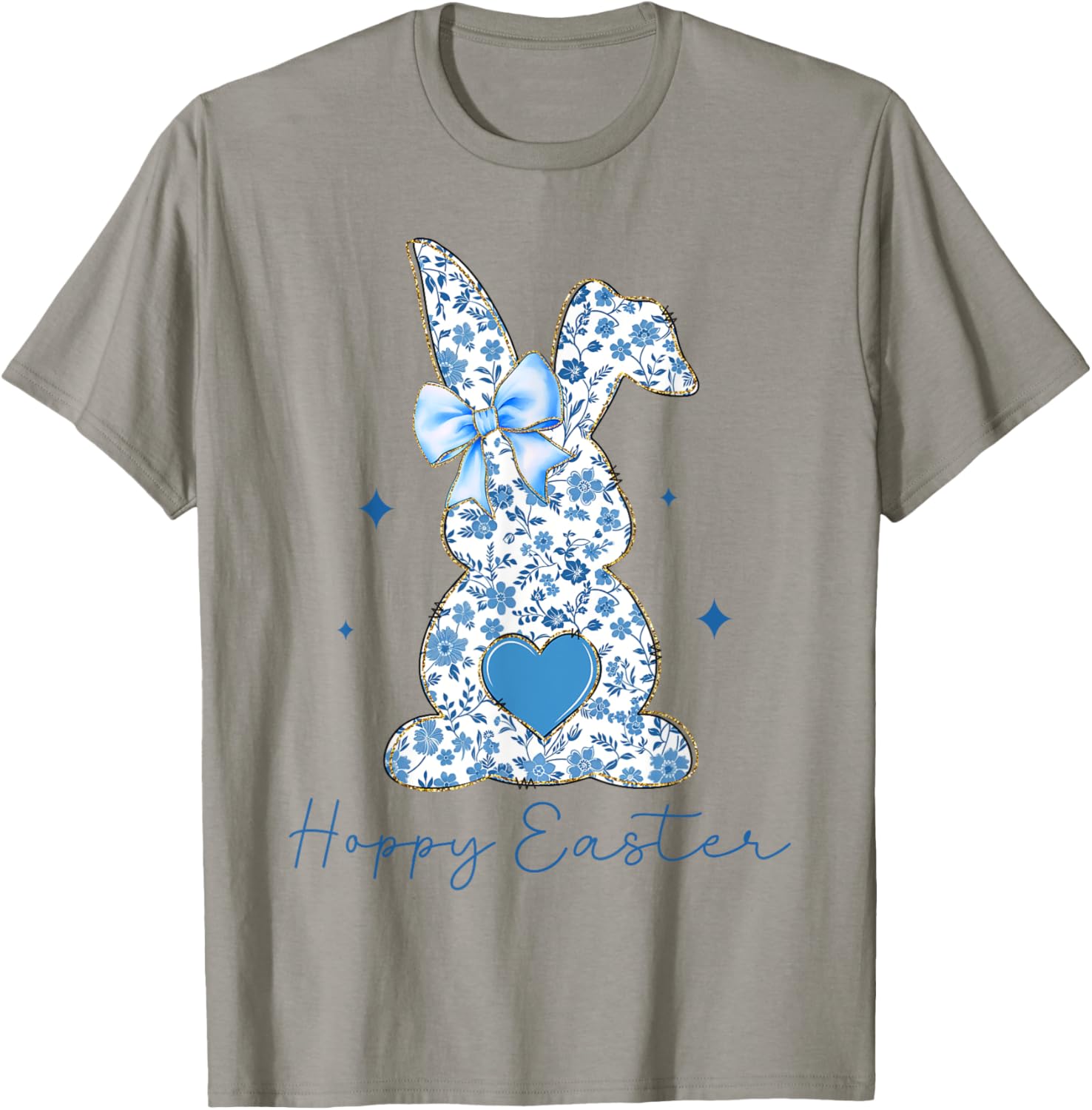 Easter Chinoiserie Floral Bunny With Cute Blue Bow Coquette T-Shirt