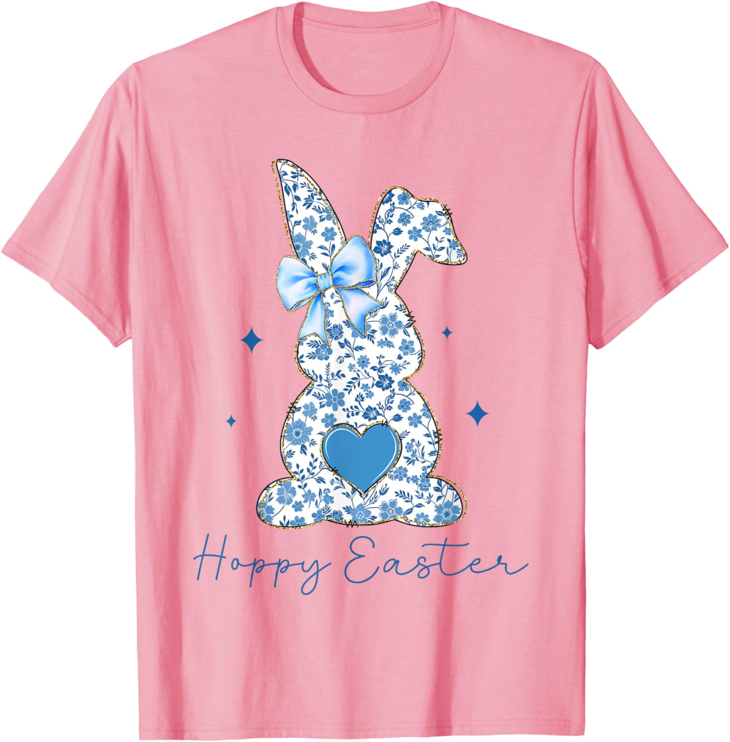 Easter Chinoiserie Floral Bunny With Cute Blue Bow Coquette T-Shirt