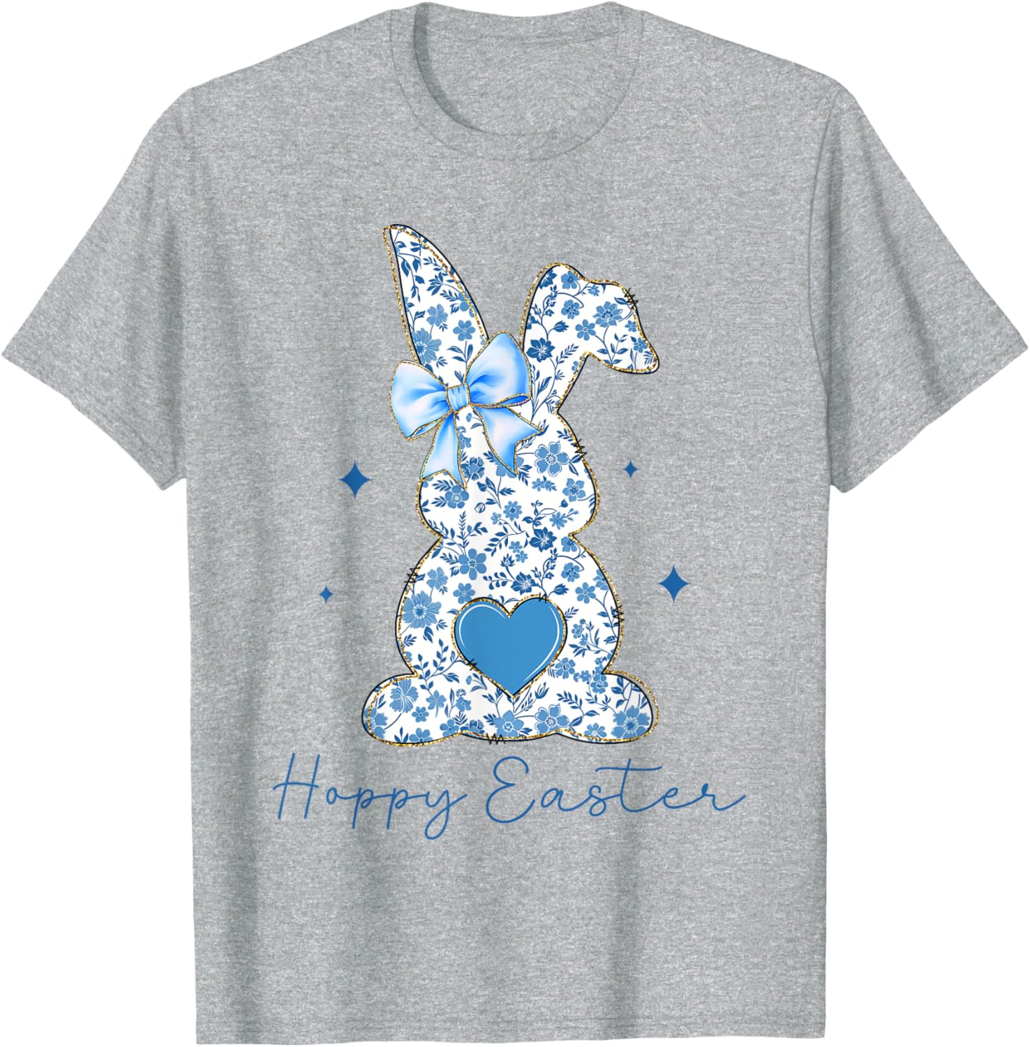 Easter Chinoiserie Floral Bunny With Cute Blue Bow Coquette T-Shirt