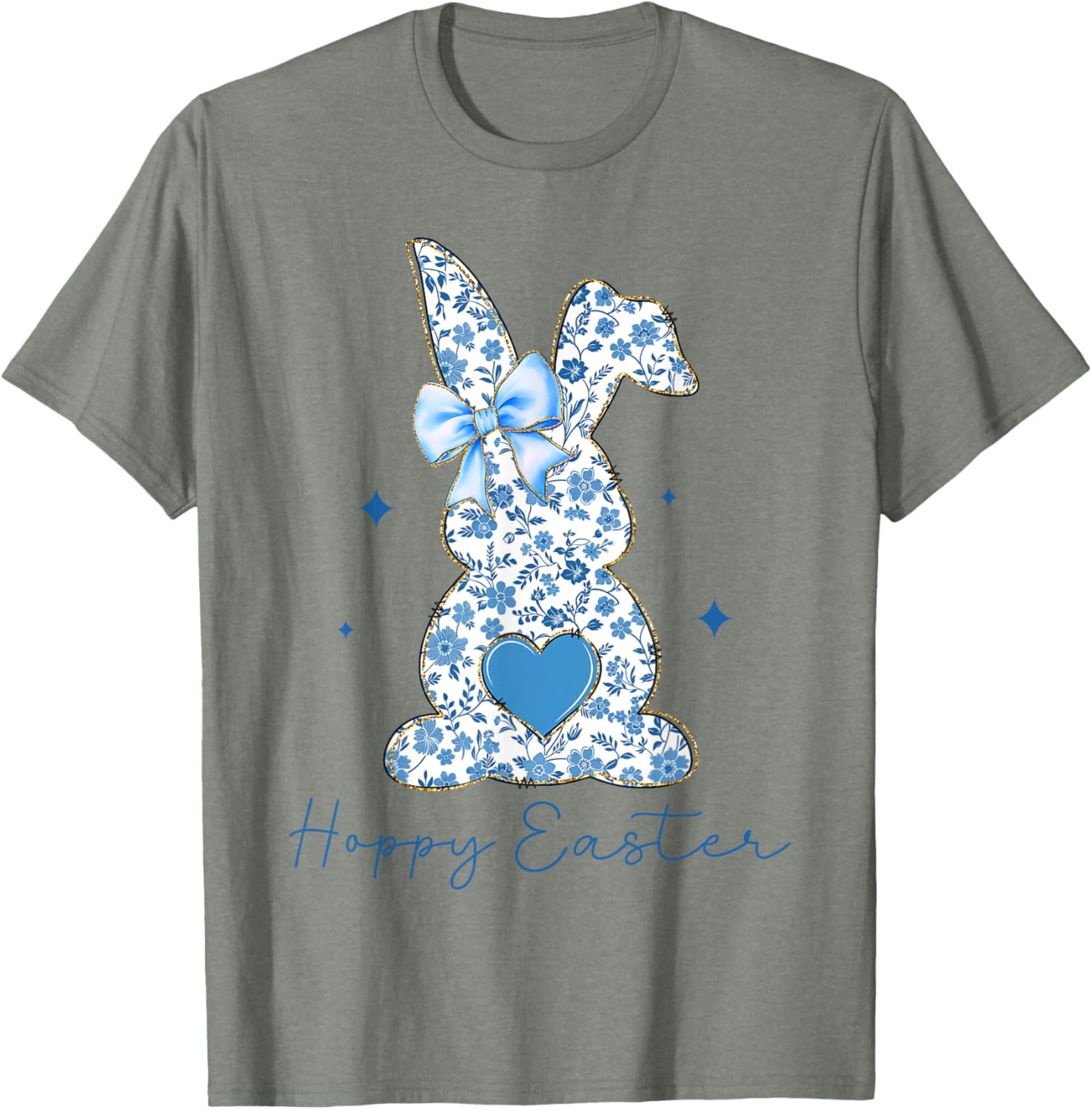 Easter Chinoiserie Floral Bunny With Cute Blue Bow Coquette T-Shirt