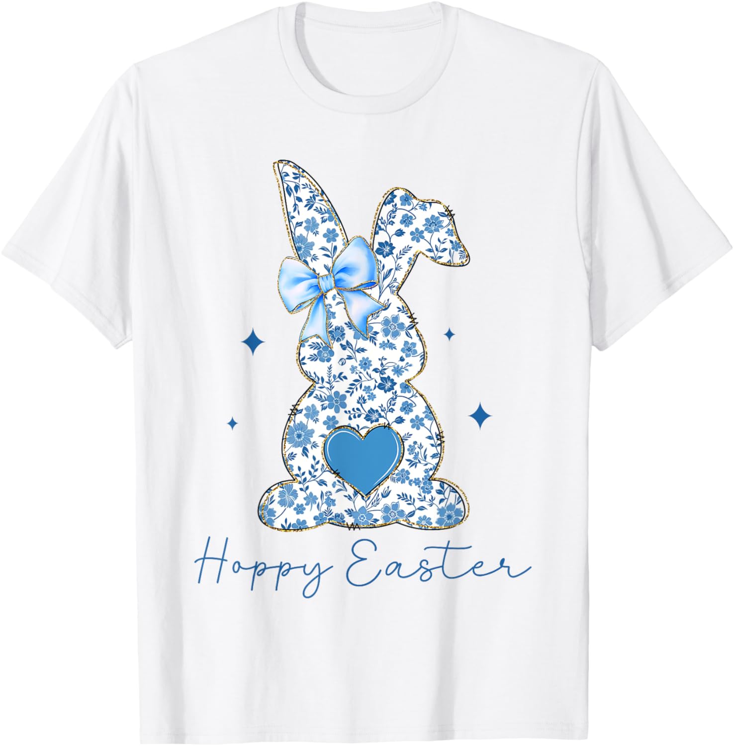 Easter Chinoiserie Floral Bunny With Cute Blue Bow Coquette T-Shirt