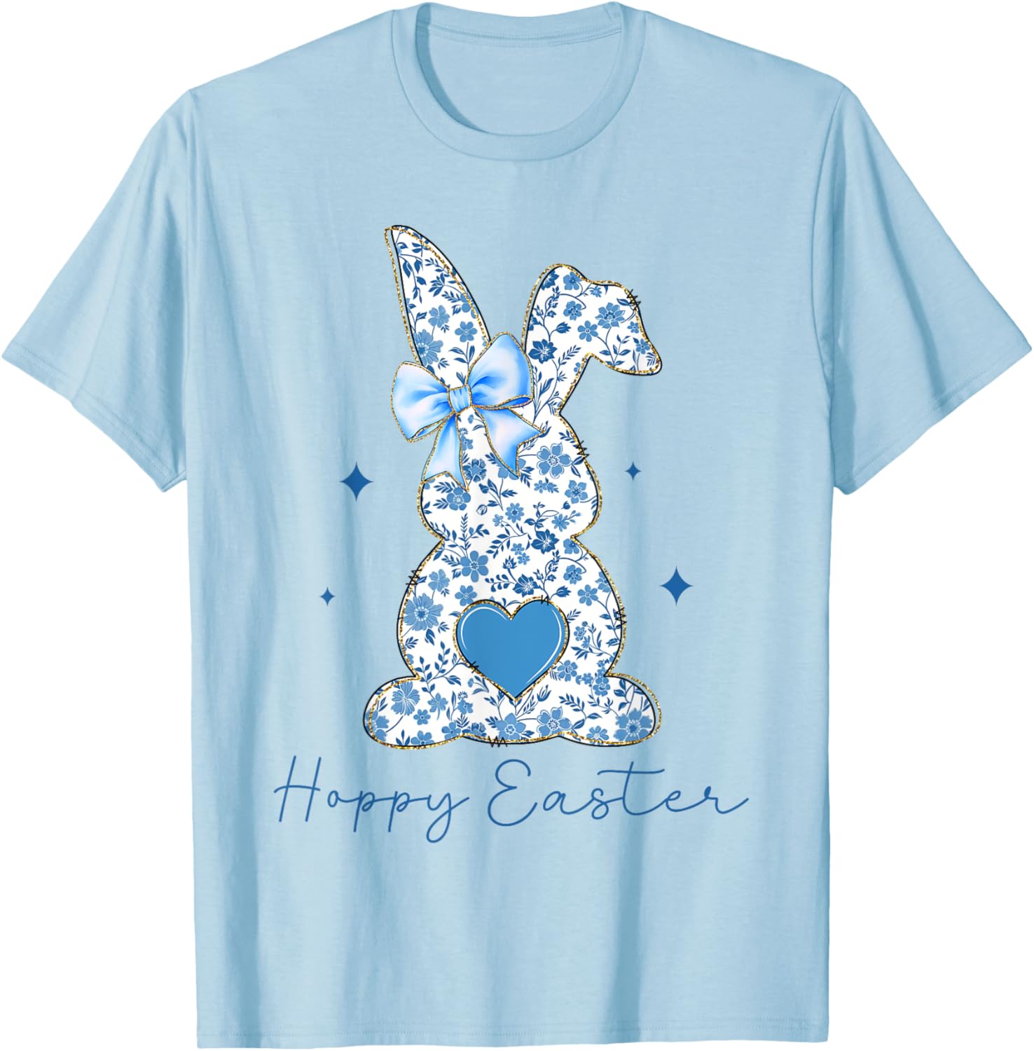 Easter Chinoiserie Floral Bunny With Cute Blue Bow Coquette T-Shirt