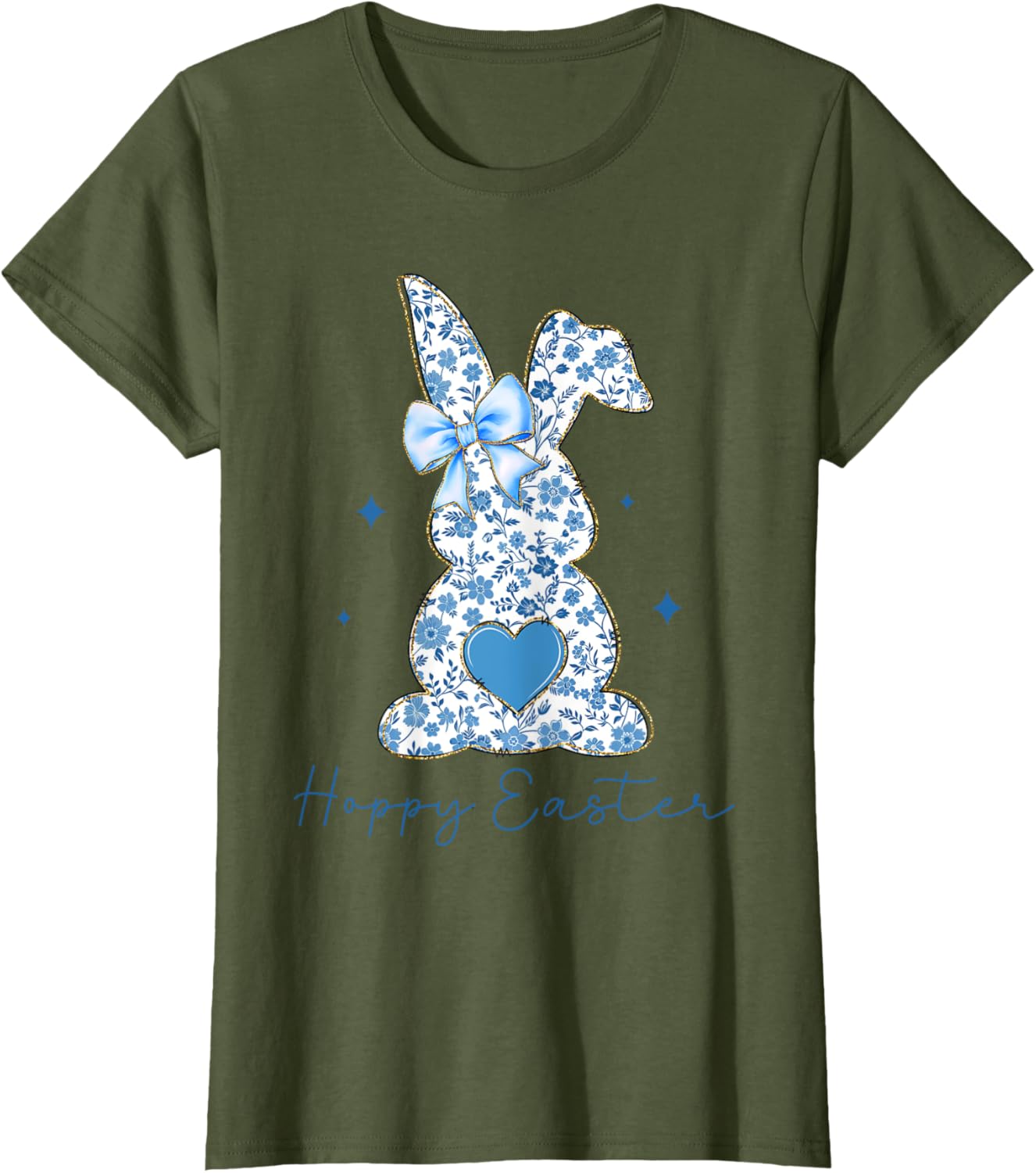 Easter Chinoiserie Floral Bunny With Cute Blue Bow Coquette T-Shirt