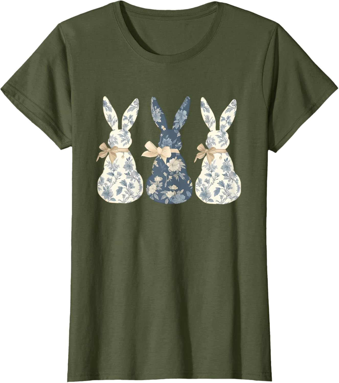 Easter Chinoiserie Floral Bunny With Cute Blue Bow Coquette T-Shirt