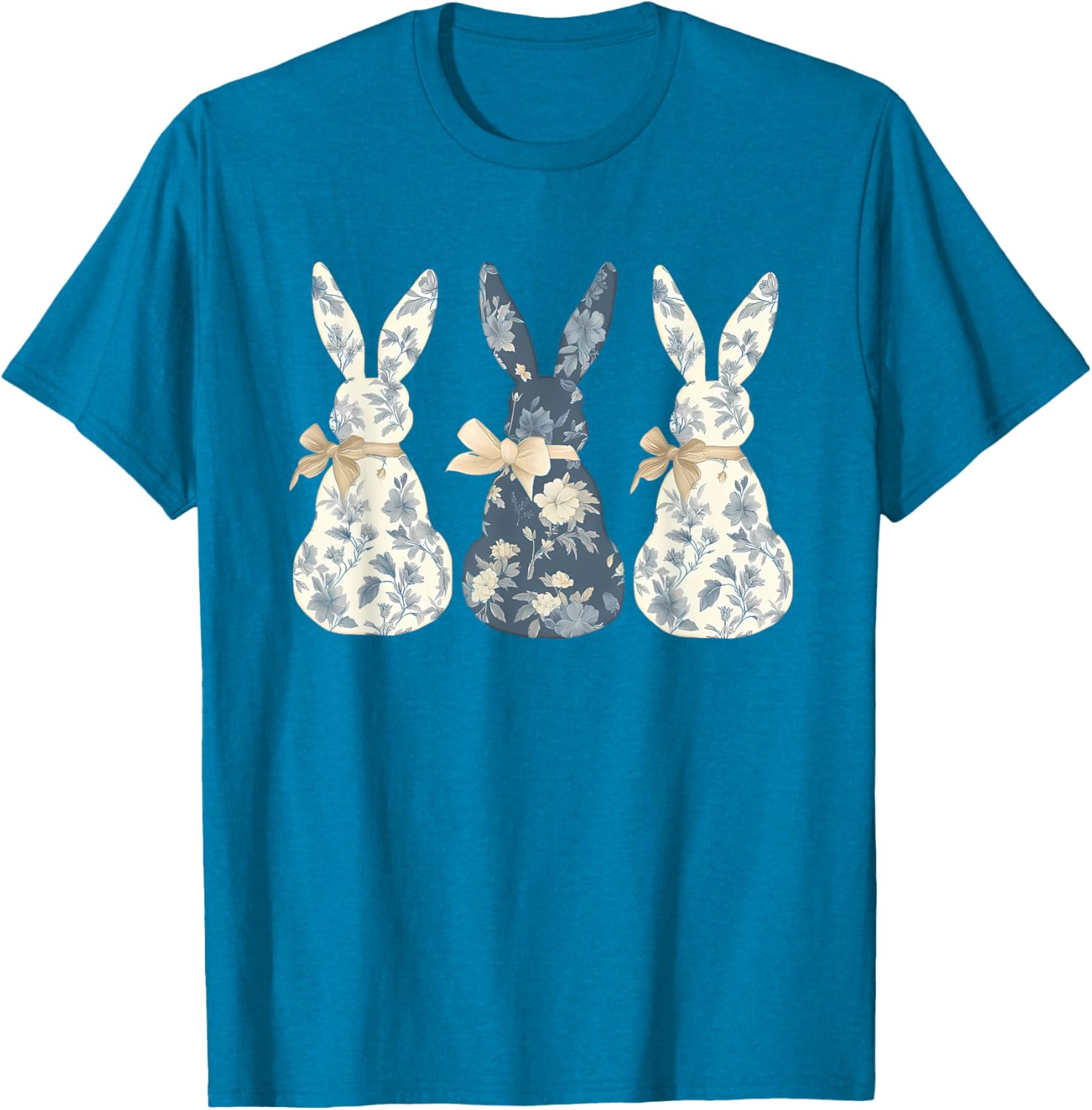 Easter Chinoiserie Floral Bunny With Cute Blue Bow Coquette T-Shirt