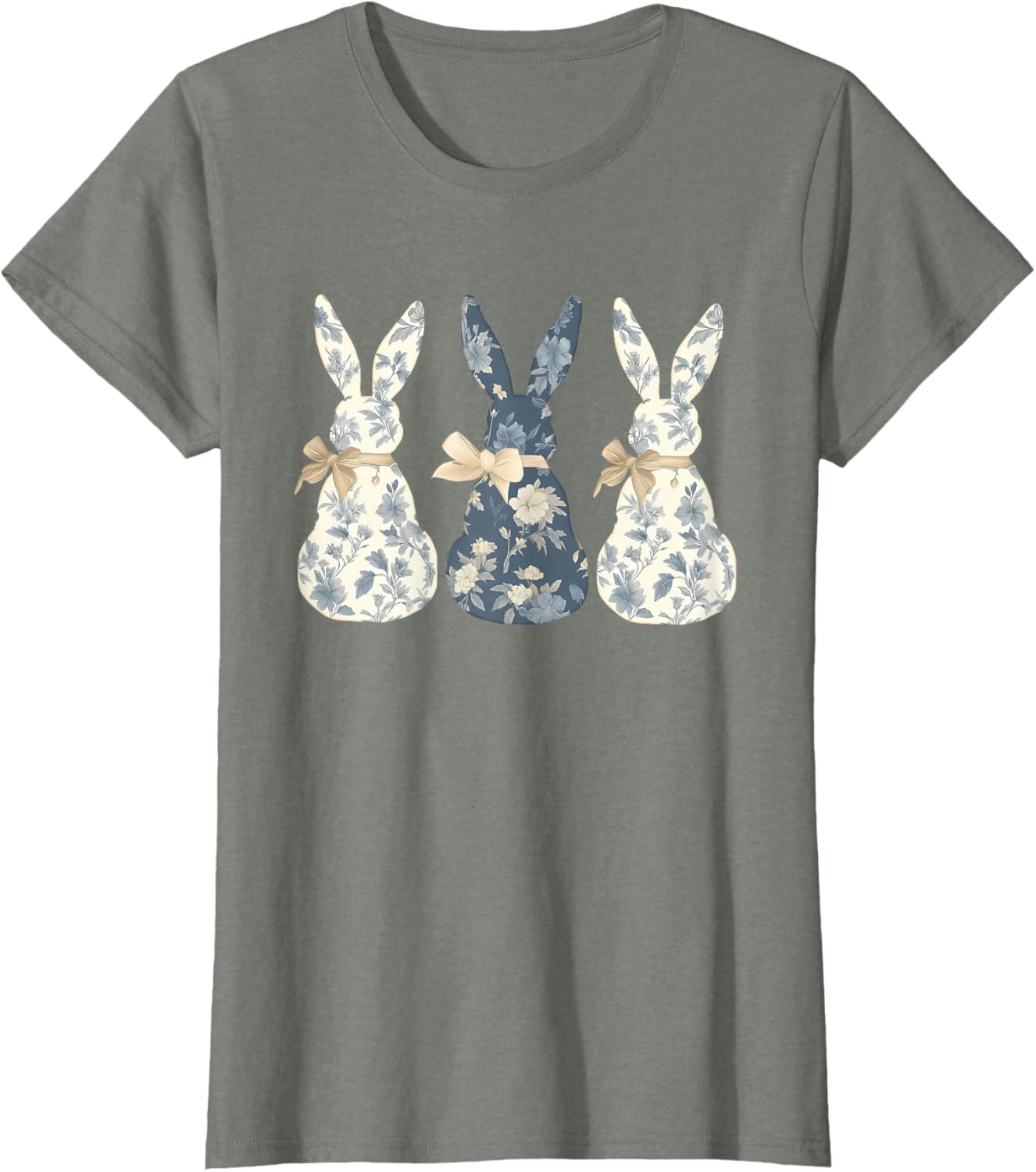 Easter Chinoiserie Floral Bunny With Cute Blue Bow Coquette T-Shirt