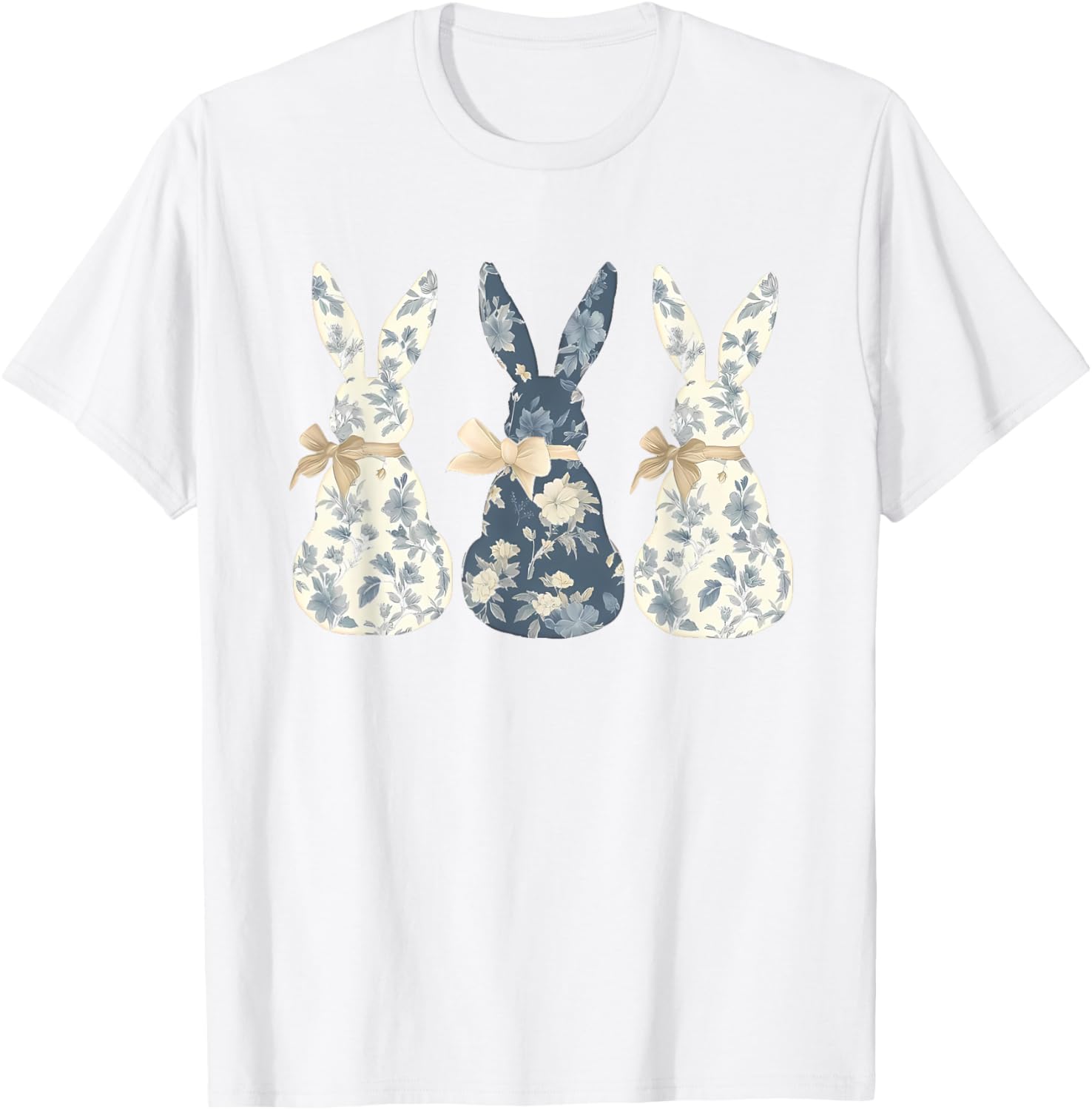 Easter Chinoiserie Floral Bunny With Cute Blue Bow Coquette T-Shirt