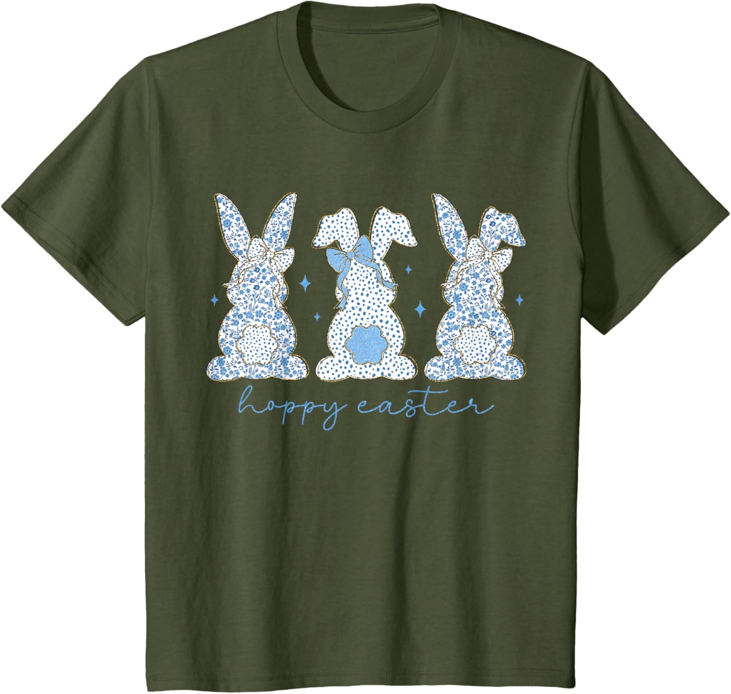 Easter Chinoiserie Floral Bunny With Cute Blue Bow Coquette T-Shirt