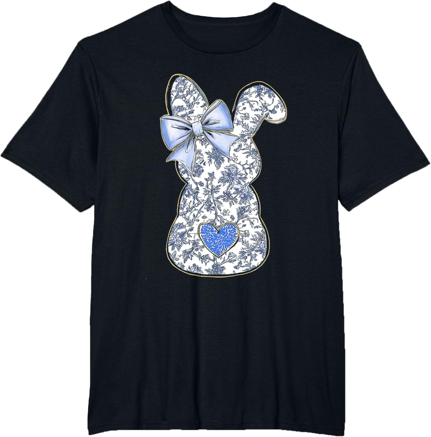 Easter Chinoiserie Floral Bunny With Cute Blue Bow Coquette T-Shirt