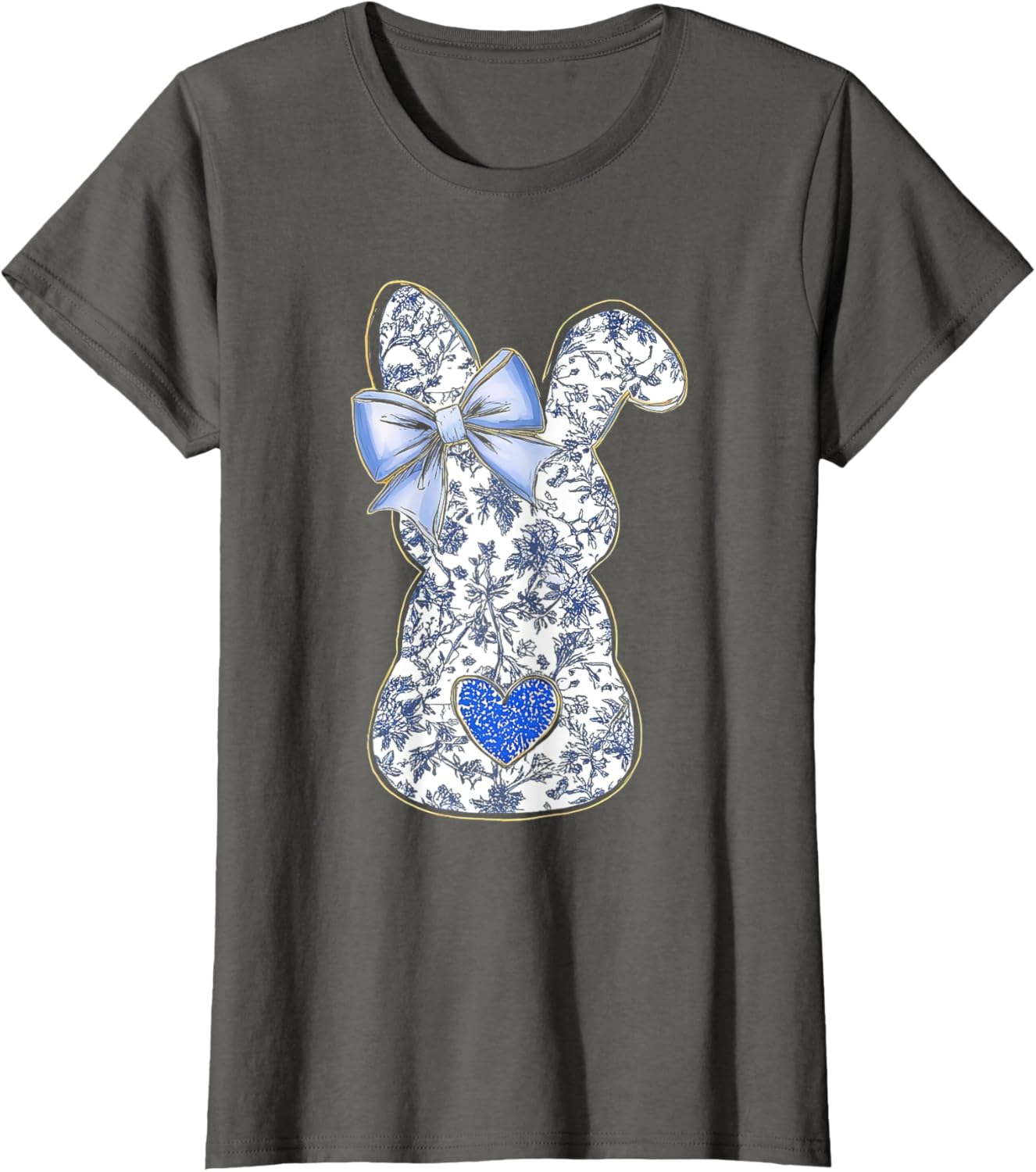 Easter Chinoiserie Floral Bunny With Cute Blue Bow Coquette T-Shirt