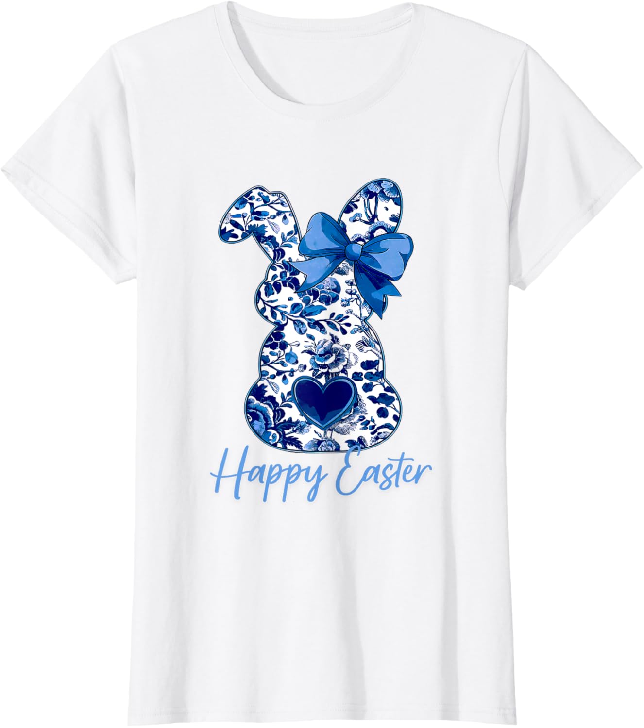 Easter Chinoiserie Floral Bunny With Cute Blue Bow Coquette T-Shirt